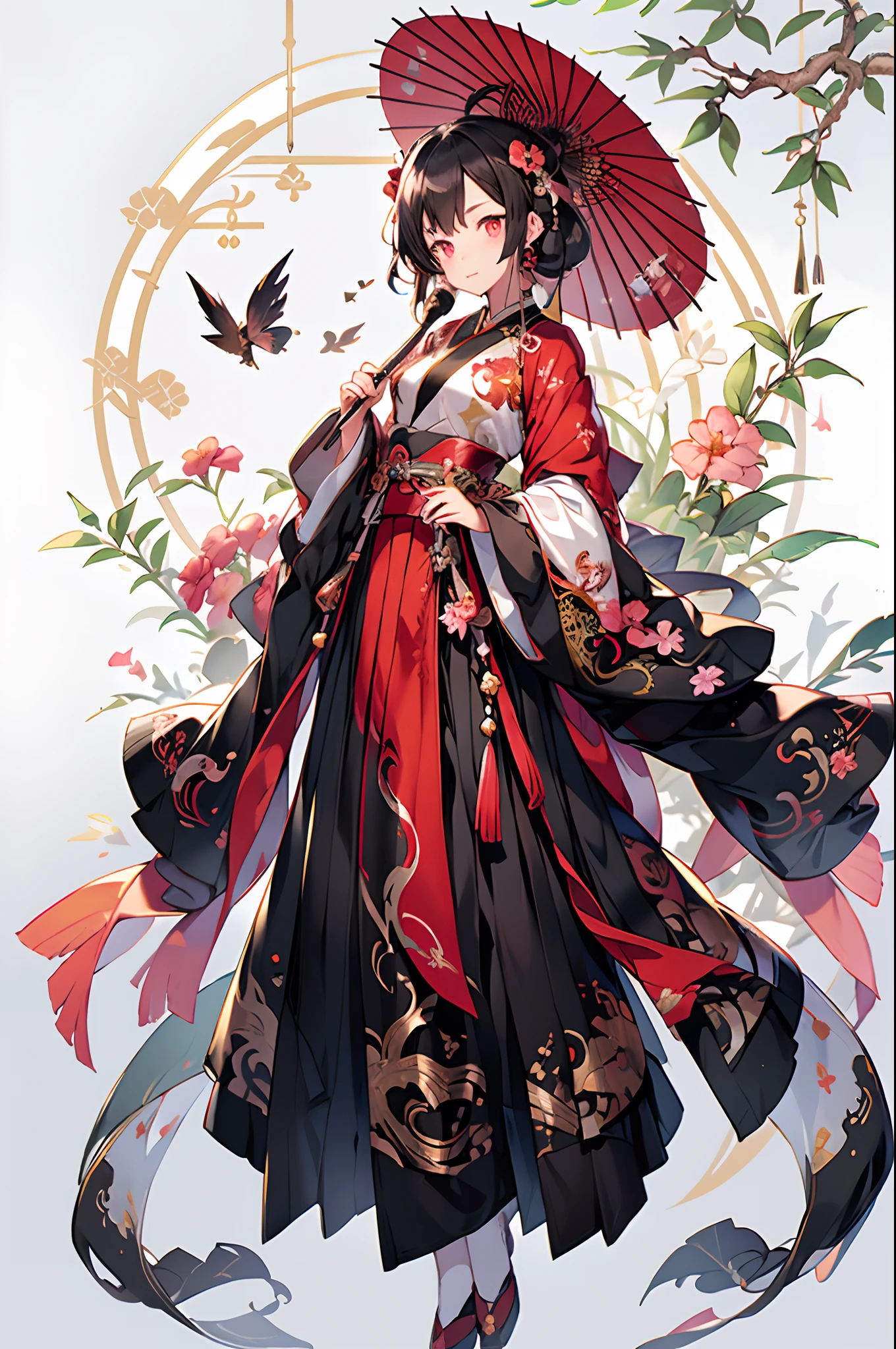 (Masterpiece:1.2)，Best quality，white backgrounid，Bamboo leaves，（1B***********：1.5，The upper part of the body，looking at viewert），Pink and white clothes，long  skirt，facial closeups，big beatiful eyes，detailed face with，Flashy clothes，Wide_Sleeves，sash，flower，Ethereal panda，Dreamy，Onmyoji detailed art，A beautiful artwork illustration，Beautiful digital artwork，shoes，Footwear，China_dress，oil-paper_Umbrella