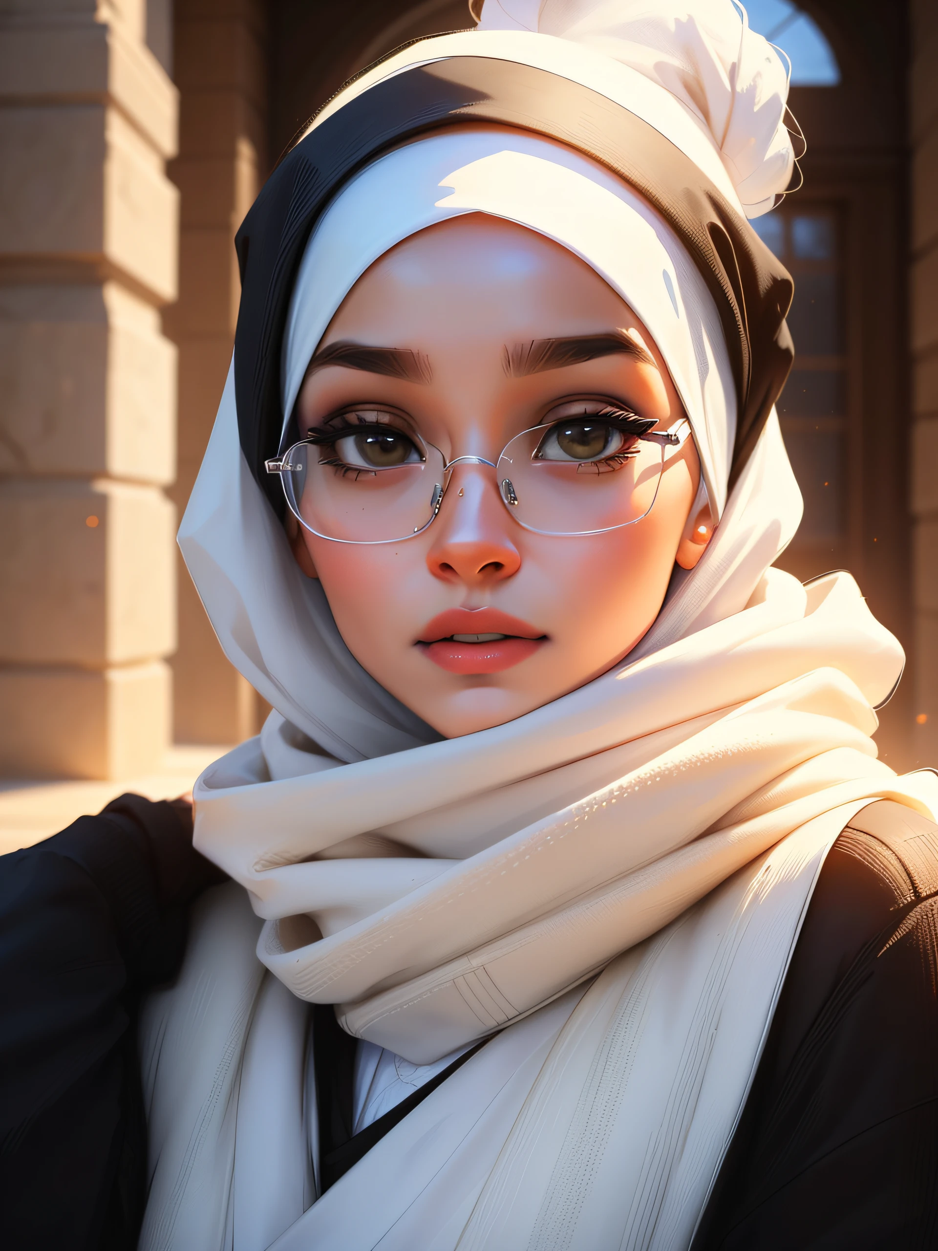 a woman wearing a hijab and glasses in a head poses for a picture, hijab, white hijab, inspired by Fathi Hassan, pale-skinned persian girl, clear lips and high quality, with cute doting eyes, close up potrait, her skin is light, girl portrait, with accurate face, high quality portrait, inspired by Shaddy Safadi
