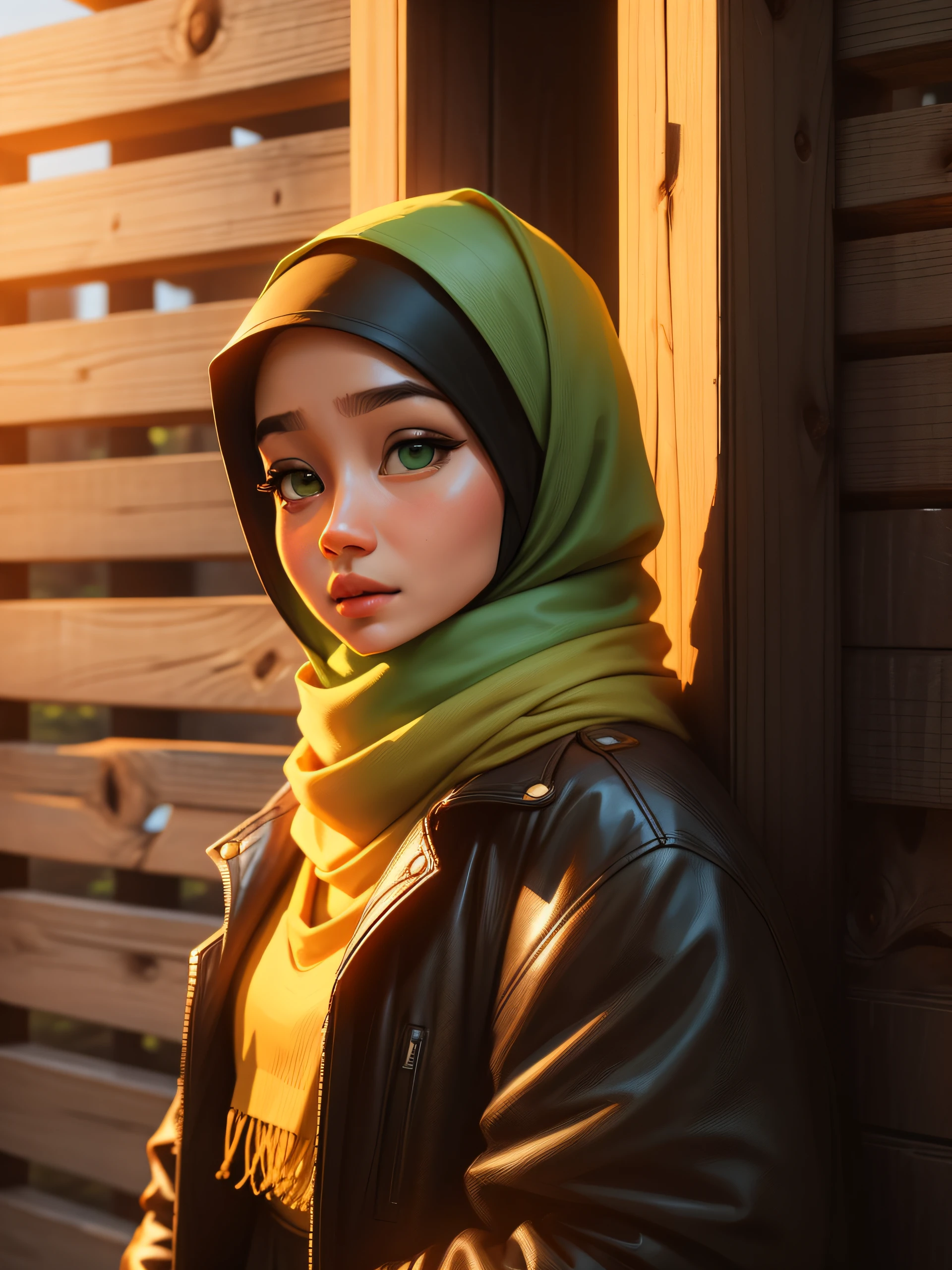 (masterpiece),(best quality:1.0), (ultra highres:1.0), detailed illustration, 8k, anime, 1girl, beautiful anime girl, hand on cheek, wearing a green hijab, wearing a black jacket, pretty face, detailed face, glasses, beautiful eyes, detailed eyes, dark eyes, pretty pink lips, pink lipstick. coffee shop. anime style, best quality, vibrant