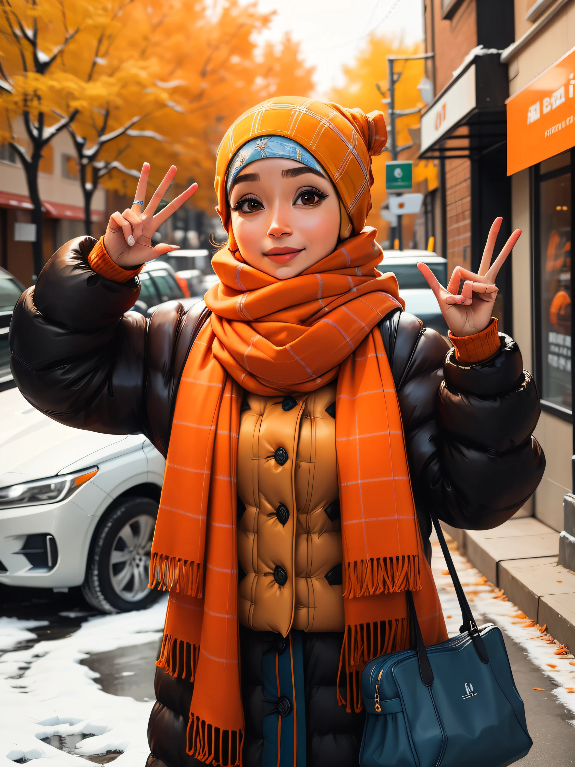 arafed woman in a plaid shirt and orange scarf giving a peace sign, wearing a fisher 🧥, hijab, 🤠 using a 🖥, cold as ice! 🧊, inspired by Fathi Hassan, inspired by Maryam Hashemi, inspired by Shaddy Safadi, orange tones, flannel, 🍂 cute, seasons!! : 🌸 ☀ 🍂 ❄