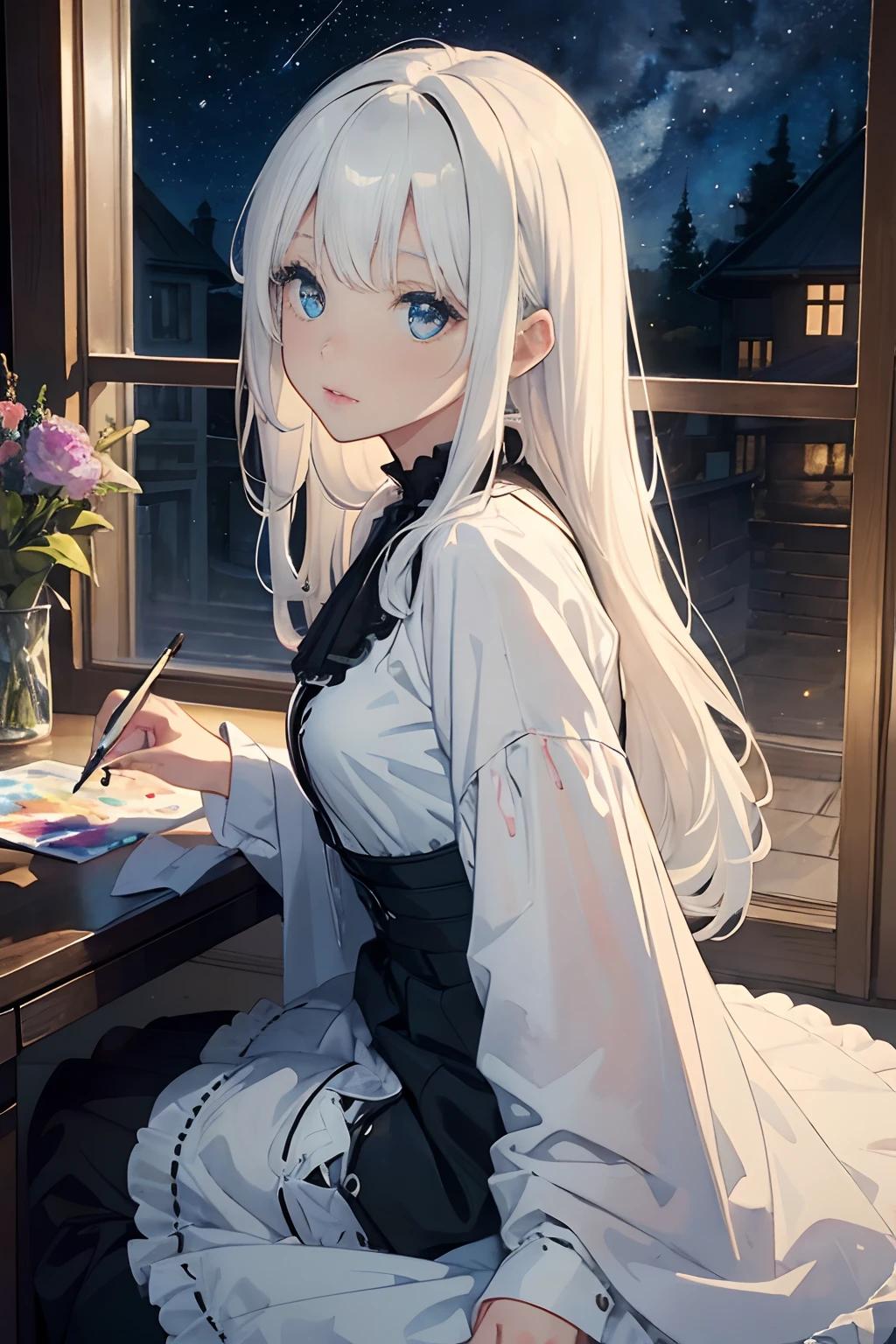 (masterpiece, top quality, best quality,watercolor (medium),official art, beautiful and aesthetic:1.2),(1girl:1.3), (fractal art:1.3), looking at viewer,patterns,(lhalf black and half white hair:1.2), blue eyes, lipstick lipstick, sitting and drawing, with a window, there are many stars in the sky, upper body, from side, kid, long hair, young, night, evening, discreet, baby girl