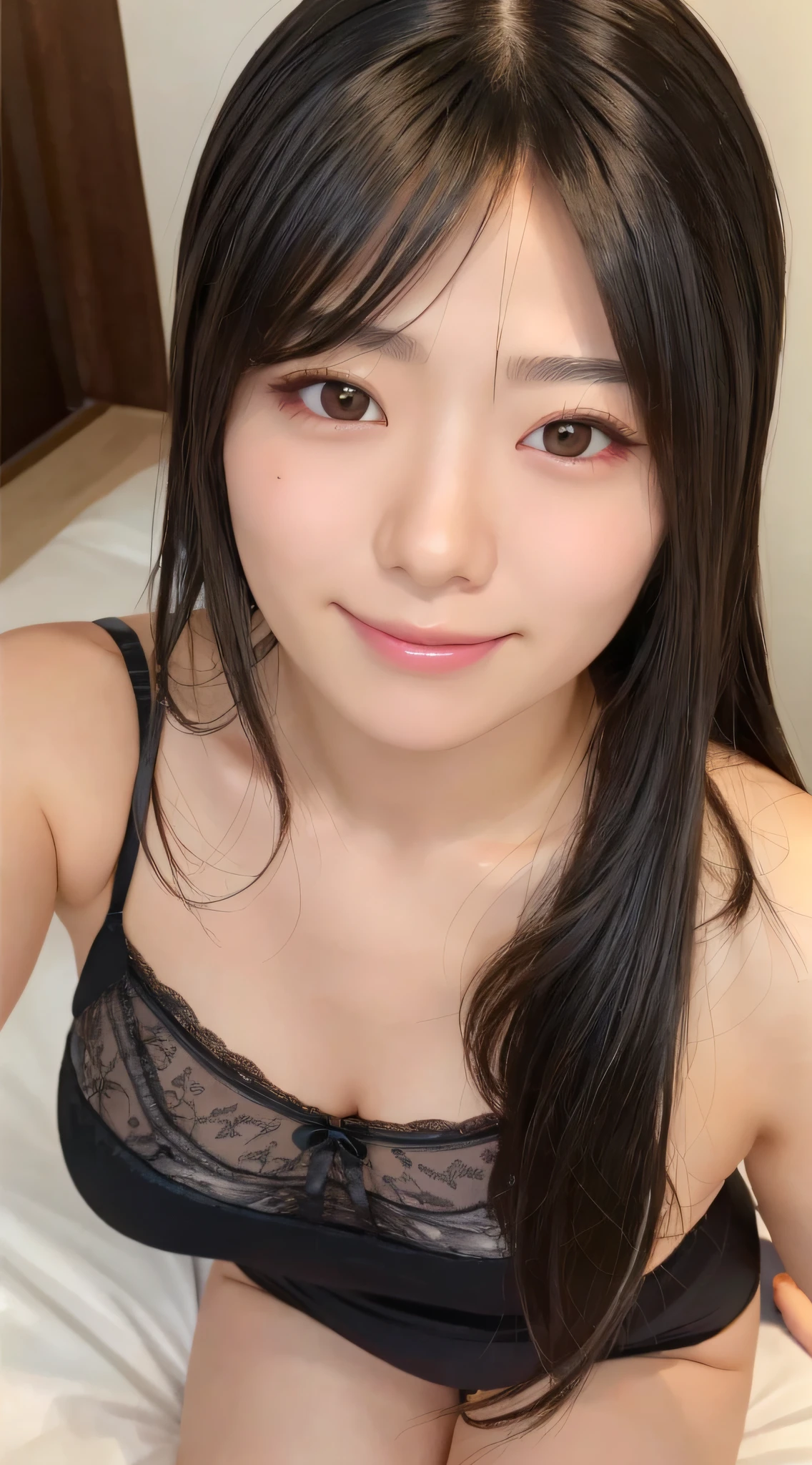 photo realisti, Ultra-detailed, japanese pretty woman, 1girl in, dark brown hair, Ultra-detailed face, very detailed lips, Detailed eyes, 二重まぶた, A smile, pony tail hair, Underwear, open the legs widely