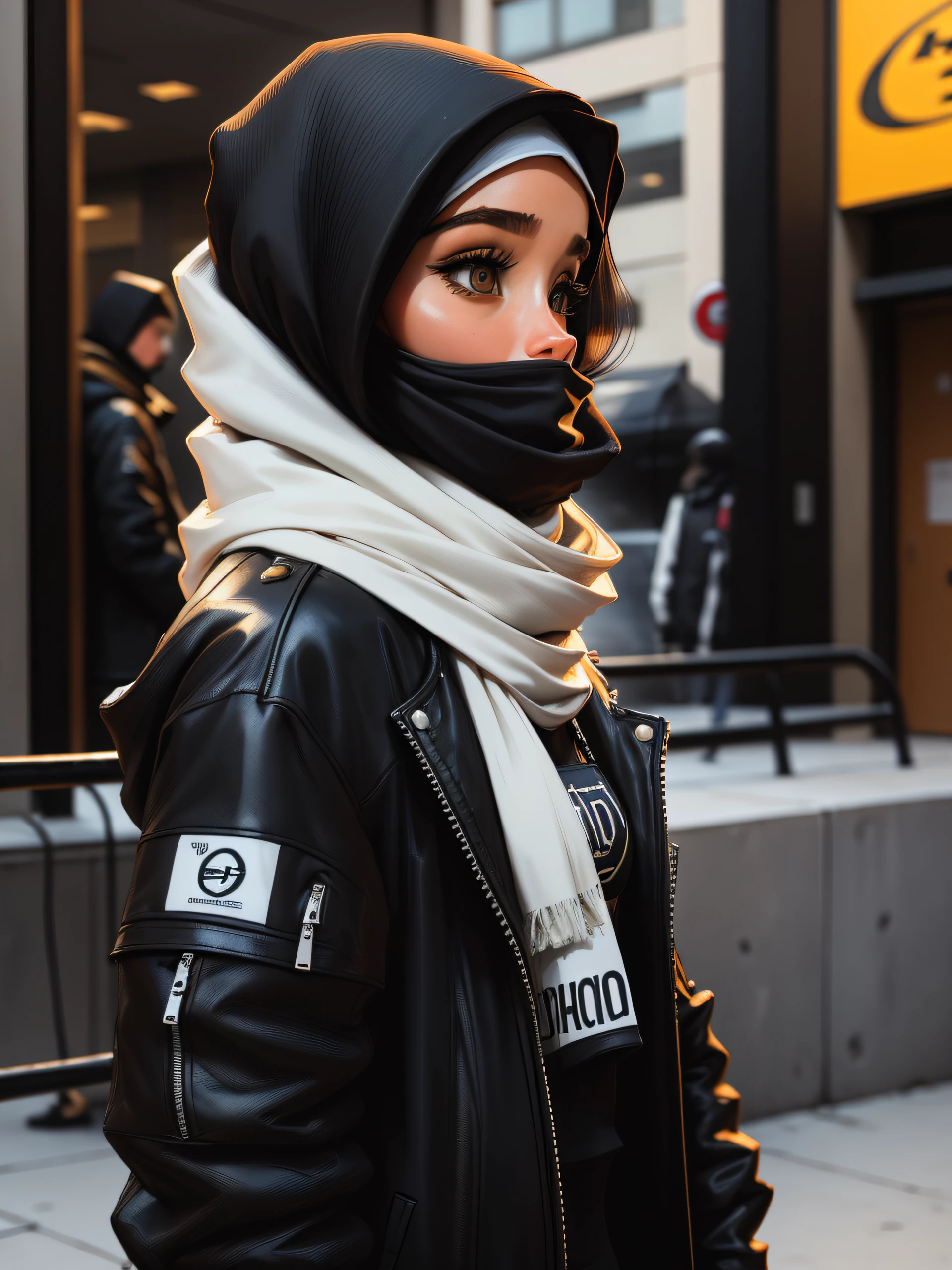there is a girl wearing a black jacket and white scarf, wearing jacket, detailed picture, wearing a fisher 🧥, inspired by Fathi Hassan, wearing a bomber jacket, profile picture, inspired by Shaddy Safadi, styling, hijab, profile image, bomber jacket, profile picture 1024px, casually dressed, inspired by Naza, she is wearing streetwear