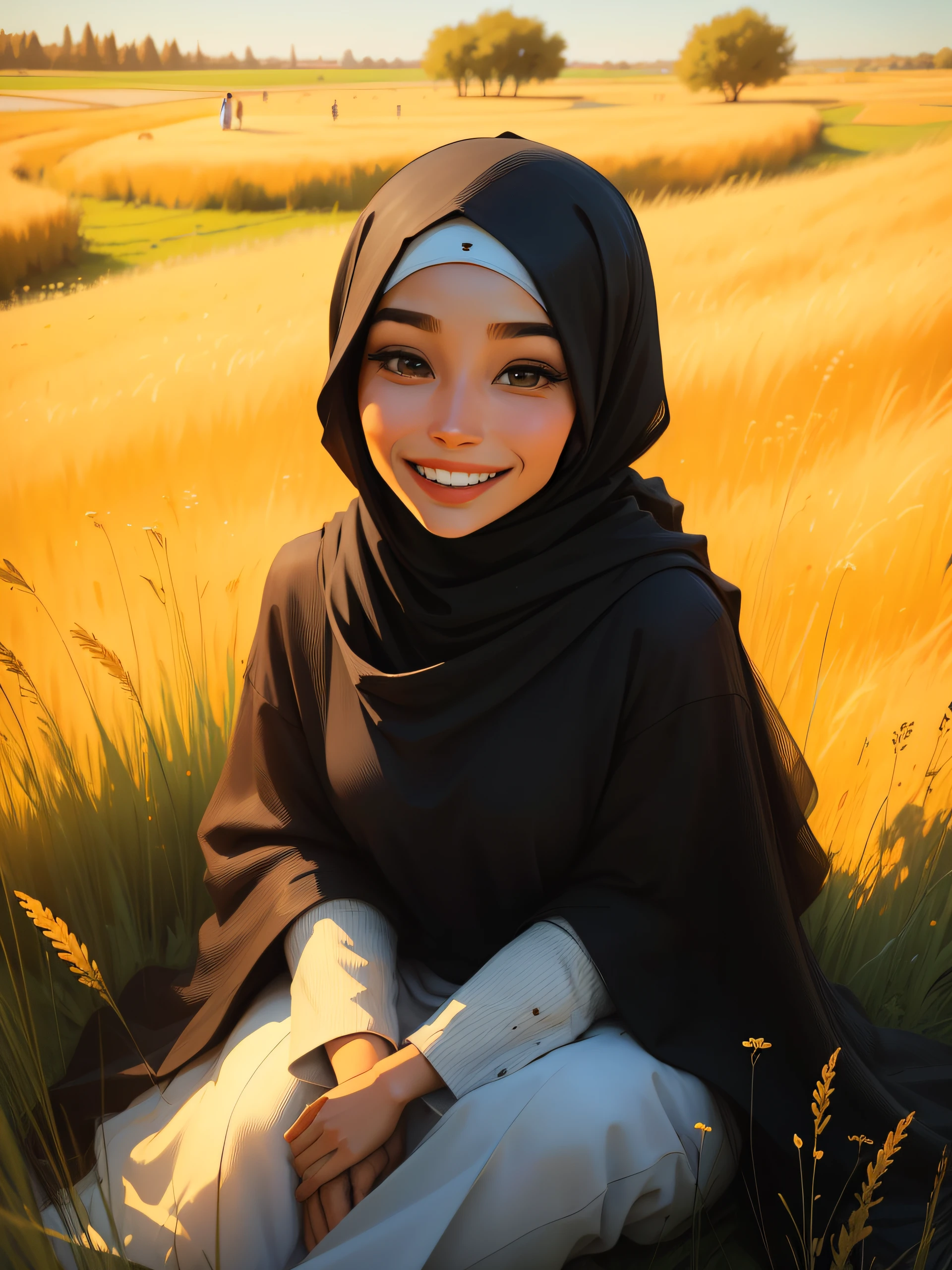 arafed woman in a hijab sitting in a field of tall grass, inspired by Naza, beautiful and smiling, inspired by Shaddy Safadi, high quality portrait, inspired by Fathi Hassan, charming smile, lovely smile, full protrait, handsome girl, with a beautifull smile, zenra taliyah, smiling sweetly, shy smile, hijab