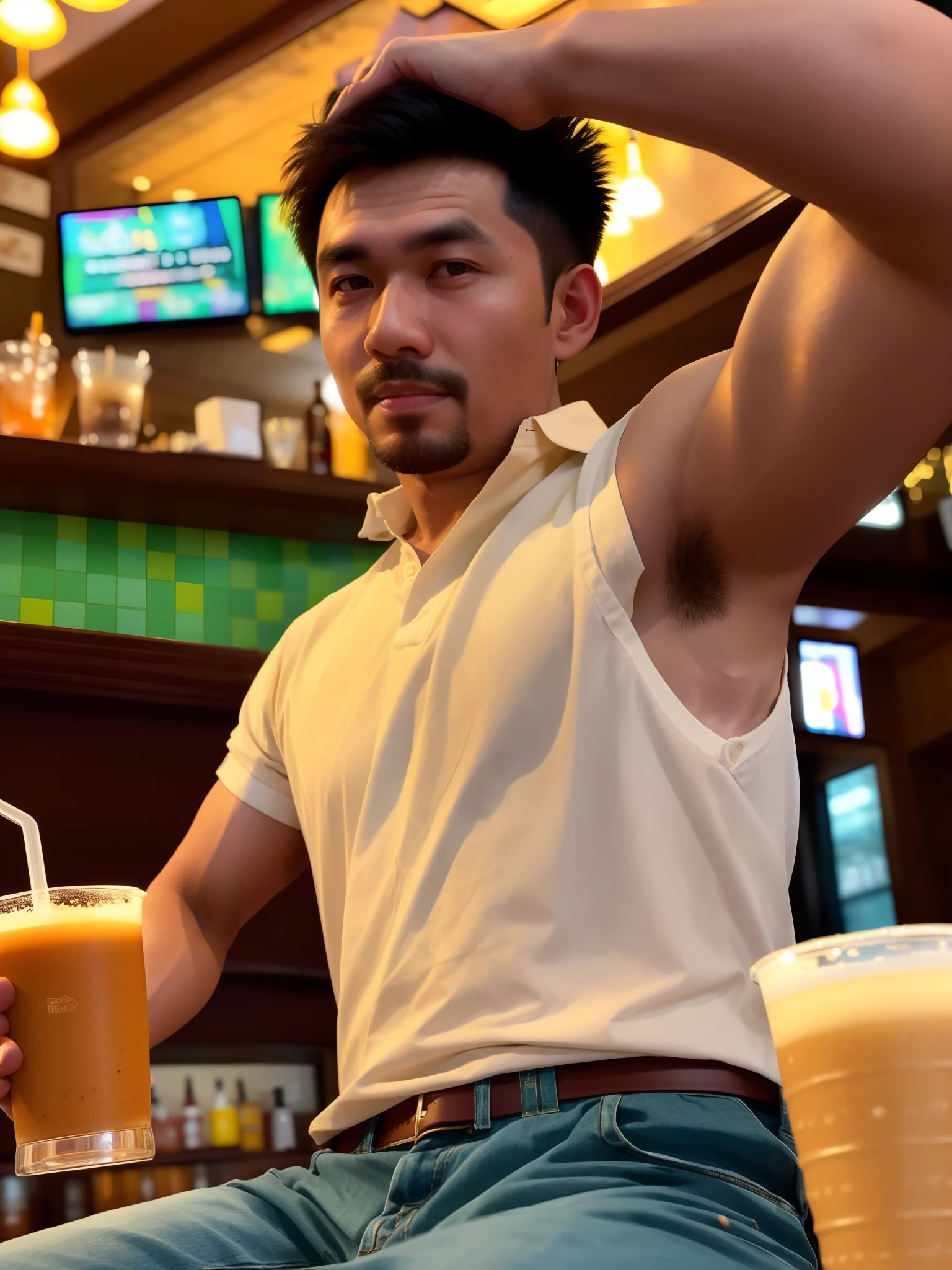 Real photo style、Realistic、Cute handsome man、Idol face、、Japanese、Slim body、Mash Hair、Completely naked、Full nudity、Crowded Japanese restaurant、With left and right hands1Back view of a man carrying beer mugs one by one、Butt Exposed