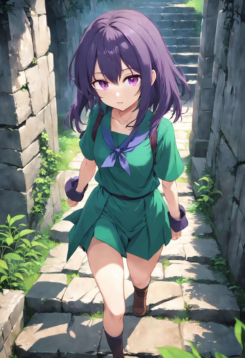ancient ruin、Stone walkway、purple color hair、Anime girl in a green shirt, anime moe art style, render of april, Misato Katsuragi, young anime girl, Smooth Anime CG Art, Anime visuals of cute girls, made with anime painter studio, (Anime Girl), render of a cute 3d anime girl, High quality anime art style