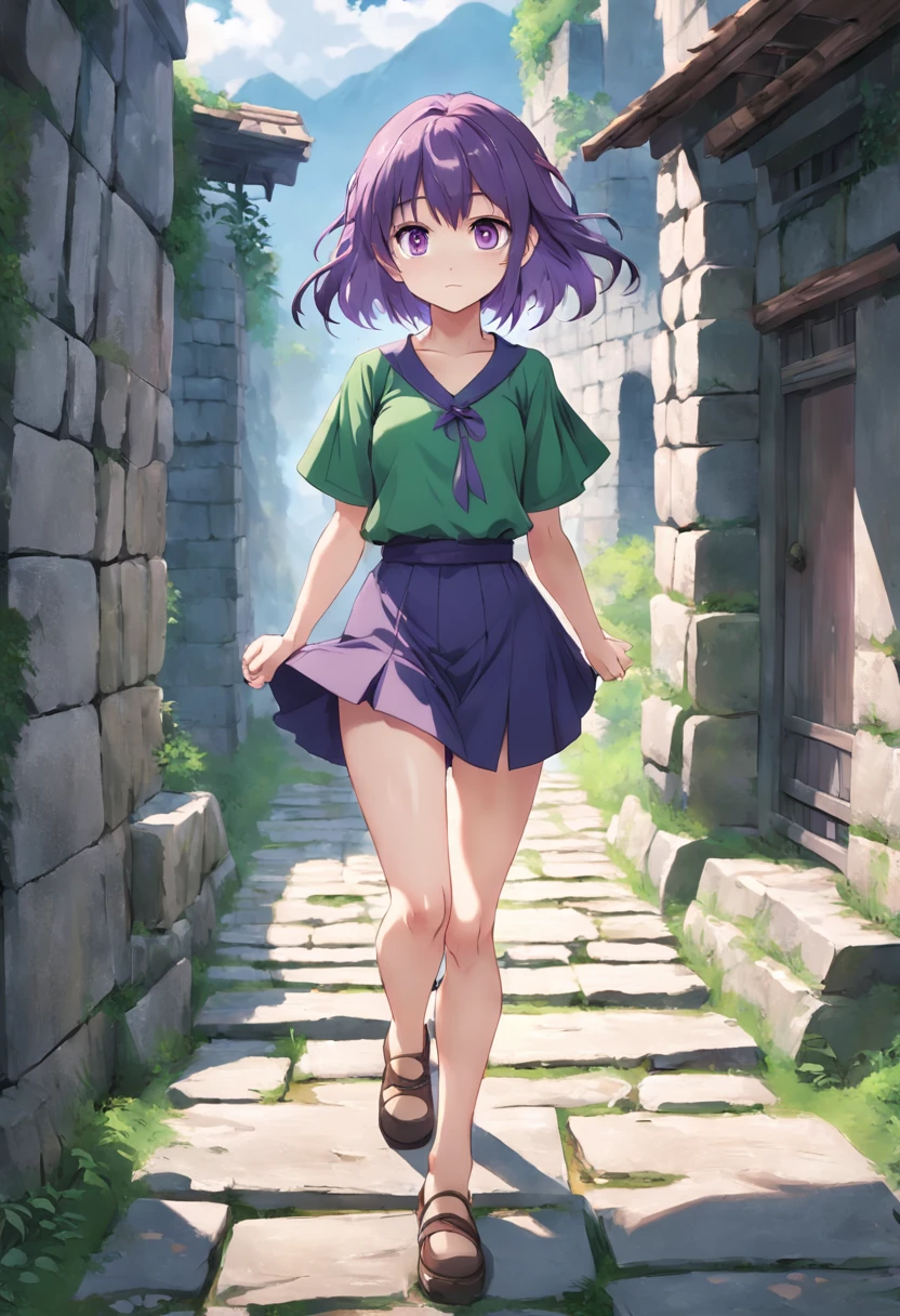 ancient ruin、Stone walkway、purple color hair、Anime girl in a green shirt, anime moe art style, render of april, Misato Katsuragi, young anime girl, Smooth Anime CG Art, Anime visuals of cute girls, made with anime painter studio, (Anime Girl), render of a cute 3d anime girl, High quality anime art style