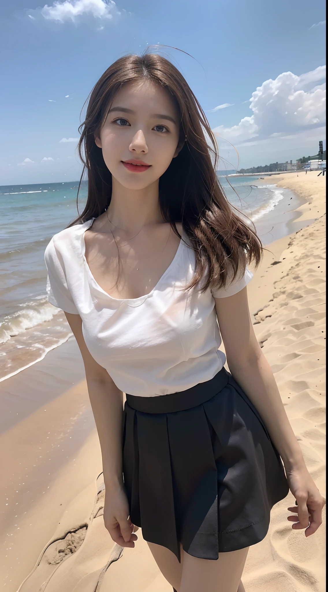 ((Best image quality, 8K, masterpiece: 1.3)), Selfie, sharp focus: 1.2, Lovely beauty,Medium breasts,Perfect body: 1.4, Slim, ((brown hair black)) , (White T-shirt,Pleated Skirt,The facial details are very rich,Happy expression,stand up:1.2),((Blue sky and white clouds,seaside beach:1.3. Mainly focus on women)),Highly detailed face and skin textures,delicate eyes,double eyelids