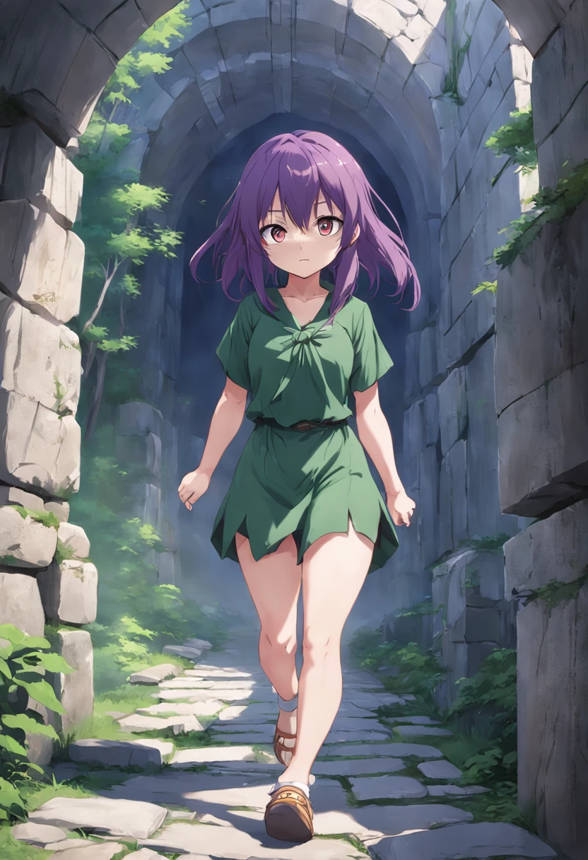 ancient ruin、Stone walkway、Anime girl with purple hair and green shirt, anime moe art style, render of april, Misato Katsuragi, young anime girl, Smooth Anime CG Art, Anime visuals of cute girls, made with anime painter studio, (Anime Girl), render of a cute 3d anime girl, High quality anime art style、NSFW, (8K, Raw photography, top-quality, masterpiece:1.2), (realisitic, Photorealsitic:1.37), ultra-detailliert, 1 rapariga, 独奏, cute little,