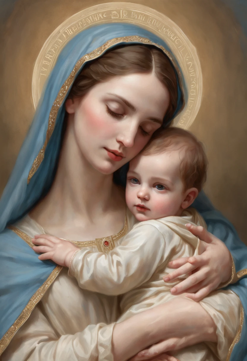 Drawing of a woman holding a  in her arms, Virgem Maria, Menino com Jesus, mami, queen of heaven, arte bonita, Pintura de Bonito, beautiful depiction, Retrato da Virgem Maria, catholic religious art, Rosen Maiden, Sagrado e belo, com um fundo azul, Boregov, A obra-prima de Guweiz, Arte sacra, Christian art, Pintura religiosa