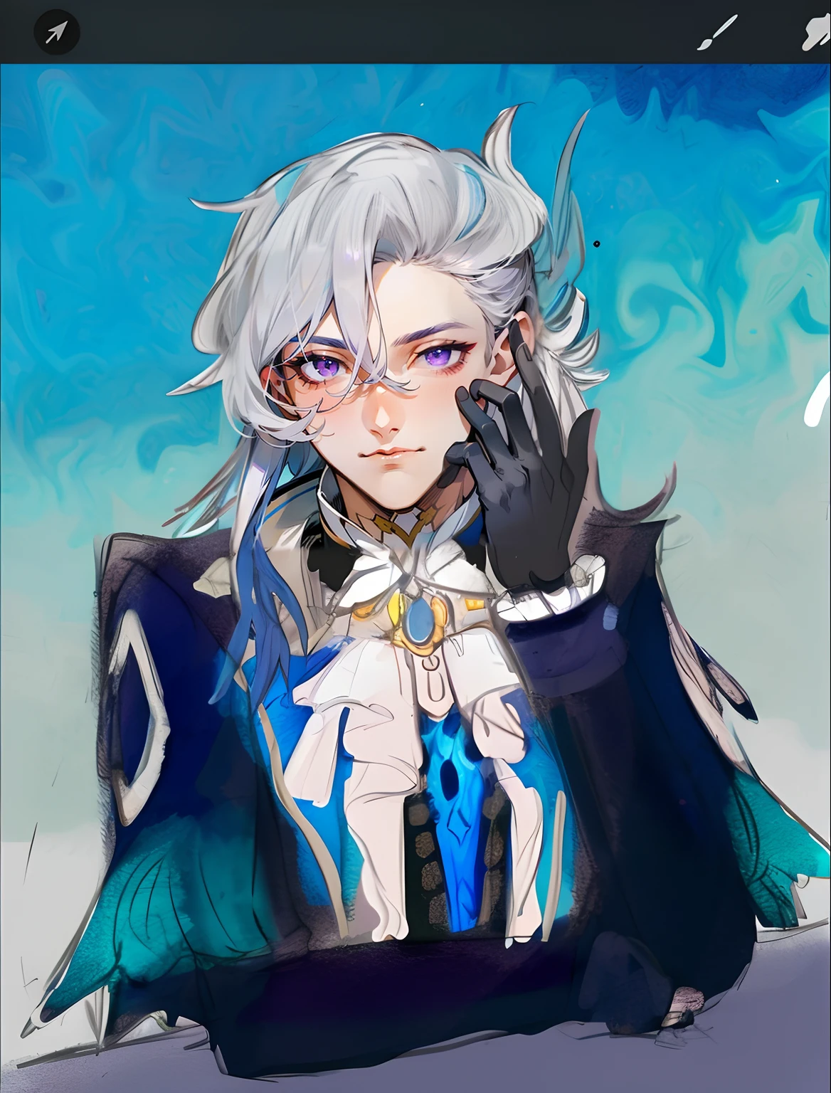 Male beauty，Elongated purple eyes，It's very pretty，Half-length portrait, clean detailed faces, complex clothing,