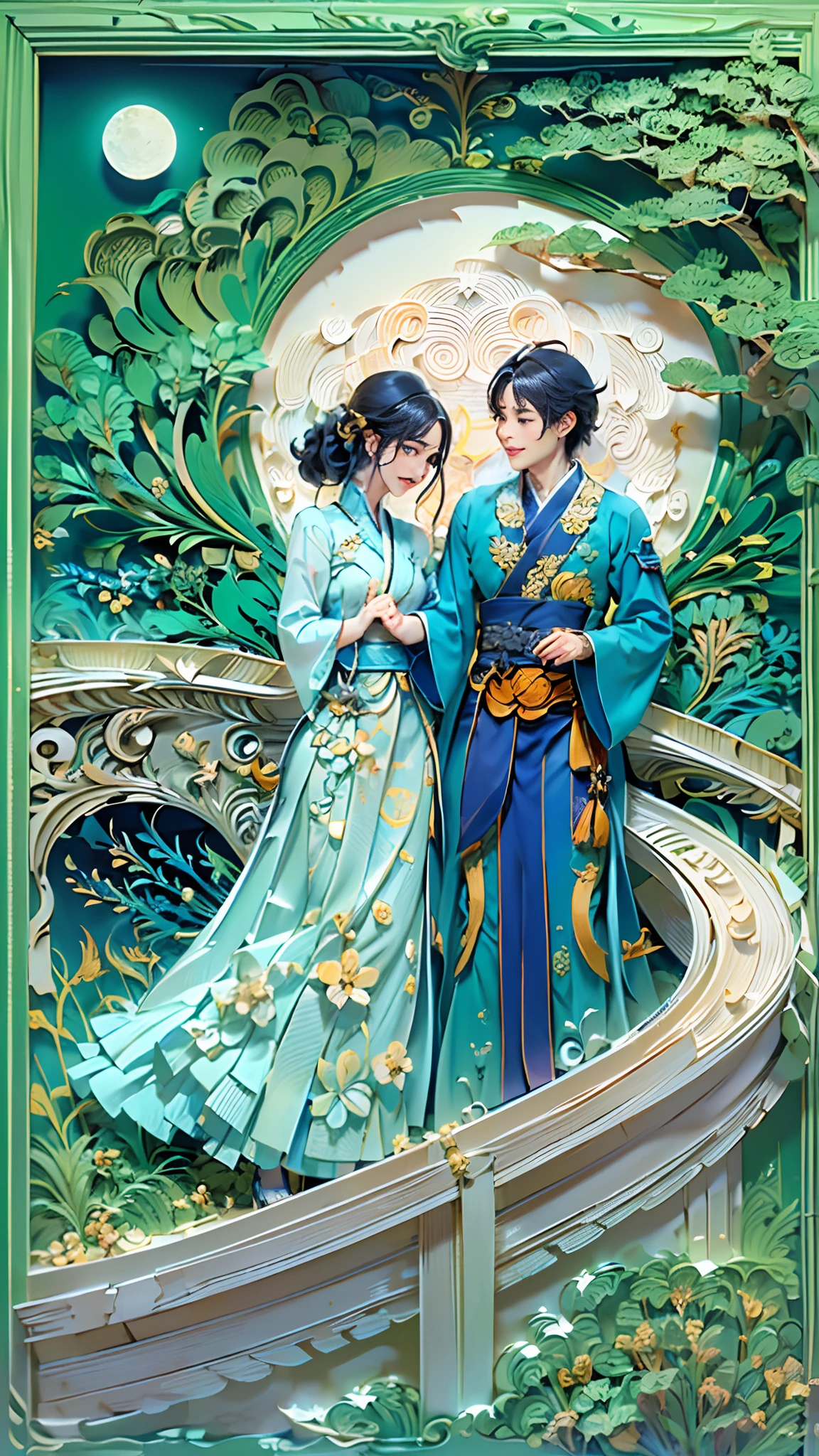 blue background,1 moon，(A hanfu couple hugging on a bridge:1.4, smile)，rosette，(illustration:1.3，paper art:1.3, Quilted paper art:1.2, extremelybold outline),( reasonable design, Clear lines, High sharpness,best quality, Very detailed, masterpiece, movie lighting effects, 4K )