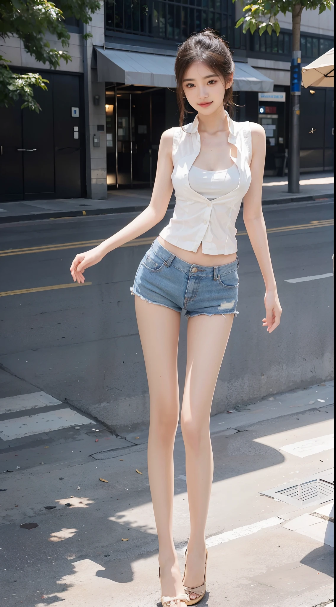 Beautiful girl in vest，Full body photo of shorts，ssmile，rays of sunshine，（Well-defined abs：1.1），（perfect bodies：1.1），Bokeh background，（Extremely refined and beautiful），（tmasterpiece），（best qualtiy：1.0），beautiful light up，Perfect light，realistic shaded，Delicate skin，ultra - detailed