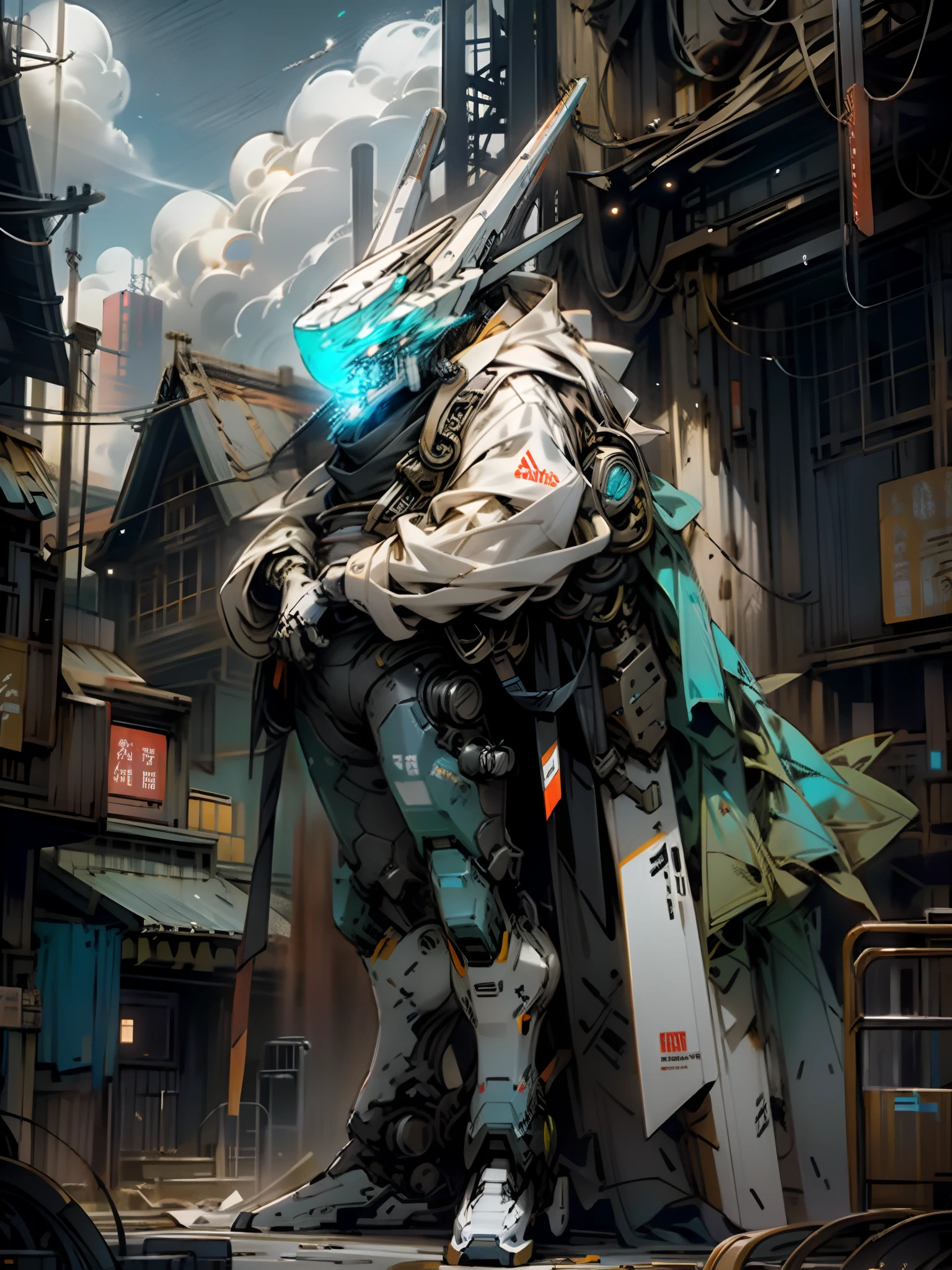Sky, Clouds, holding_weapon, no_humans, Glow, Robots, Architecture, Science Fiction, Cities, Reality --v6