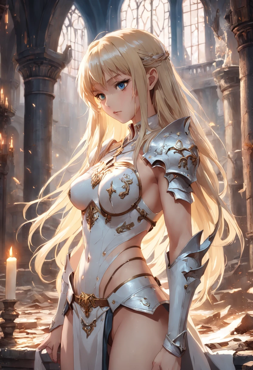 Beautiful slim young long hair with bangs blonde woman in tattered white fantasy armor with exposed chest, Castle interior, hyper HD, River fantasy, micro details, Soft light, Photorealistic, Proportional, 超详细信息，Perfect anatomical proportions