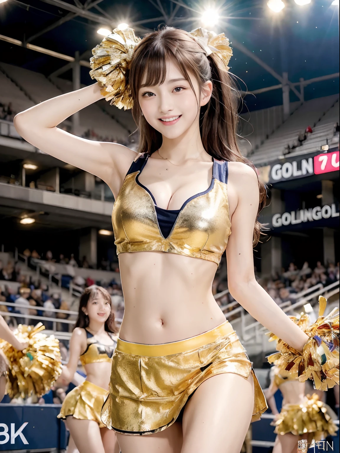 (((top-quality、8K、photographrealistic:1.4、masterpiece)))、Back lighting、Highly detailed facial texture woman、18year old、(((Gold Cheerleader:1.2)))、((Stadium Background:1.2))、with arms up、A smile、open open mouth、Shiny blonde hair and long hairstyle、a blond。long。Parted sleeves, bare shoulders, Center opening, cleavage of the breast, Central chest、bow ribbon。Twin-tailed。raise her legs。raise one leg。dance。