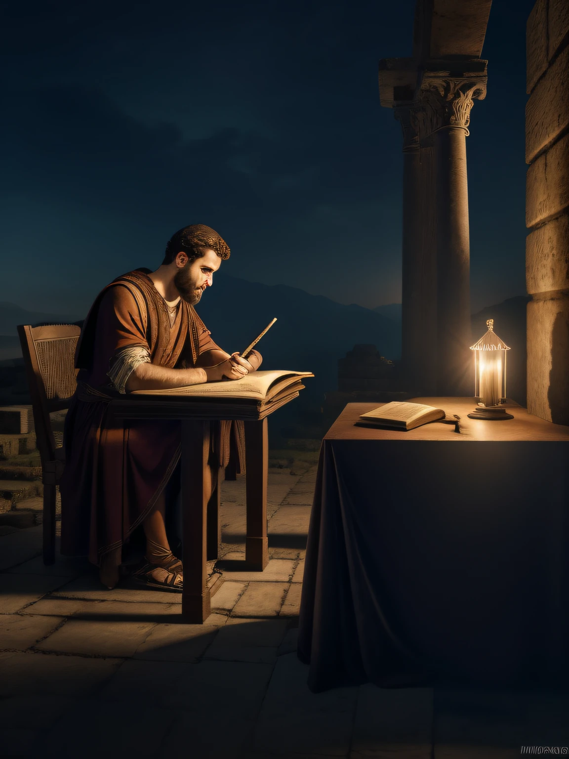 tiro completo, APOSTLE PAUL ALONE WRITING A LETTER IN AN ANCIENT ROME PRIZON IN THE TIME OF NERO. dramatic light, POST-APOCALYPSE ATMOSPHERE, super high resolution, FOCO SUPER FINO, best quality, 32k, HDR, ESTILO STEVE MCCURRIE ,hiperfotorrealismo