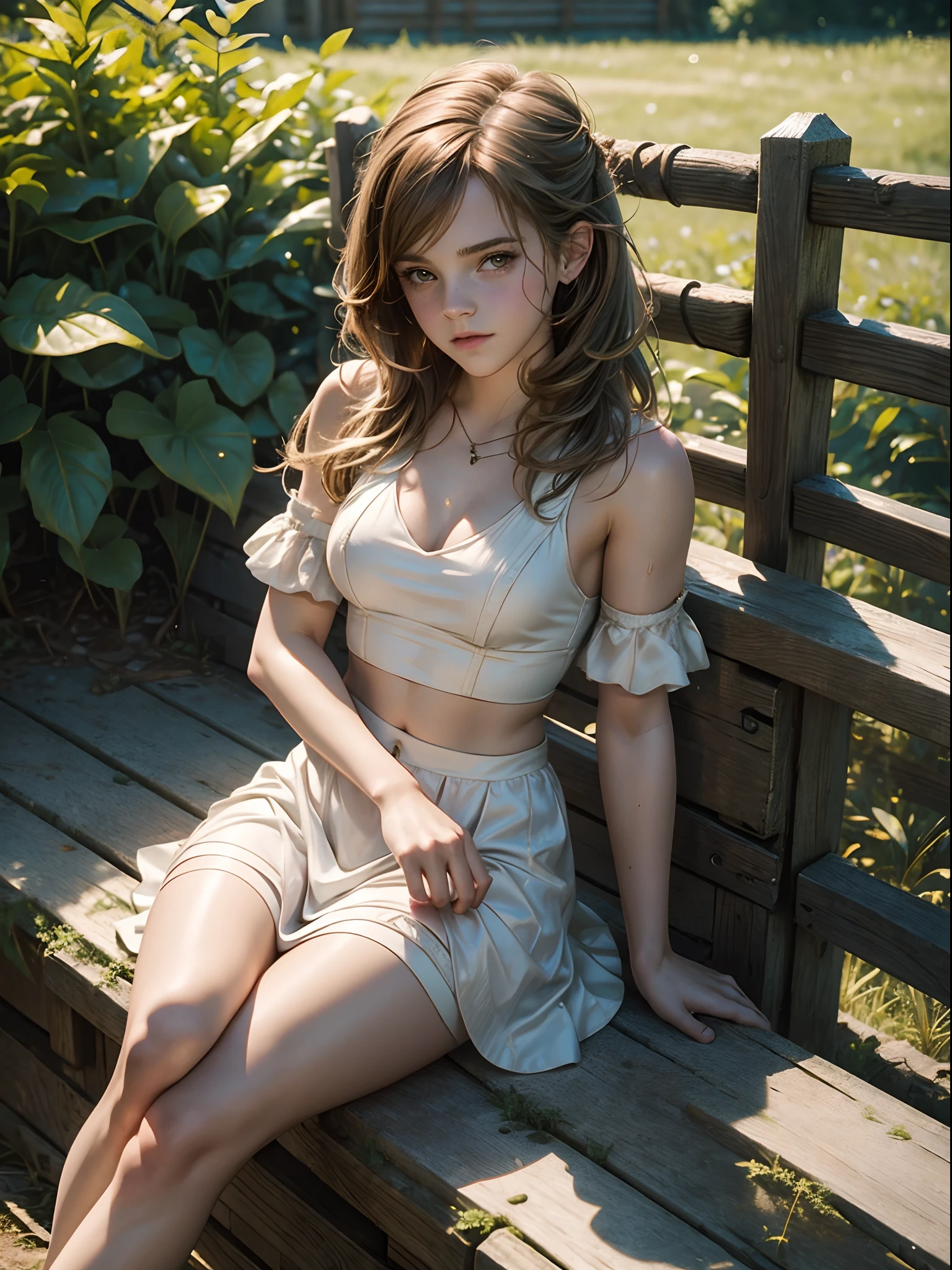 teen emma watson dressed as a sexy Aerith Gainsborough. sitting on a fence. Tifa in a short dress, crop top. wet. --s 1000