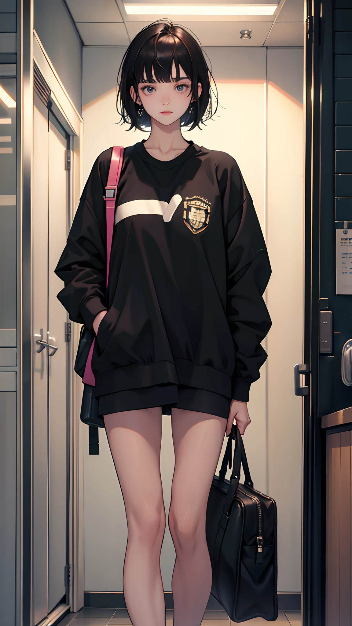 18 years old young girl : 1.3, Short black hair: 1.2, Casual wear: 1.2, Daytime: 1.2, in a school: 1.2, cinmatic lighting, surrealism, hyper HD, ccurate, Super detail, Textured skin, High detail, Best quality, 8K,Thin bangs