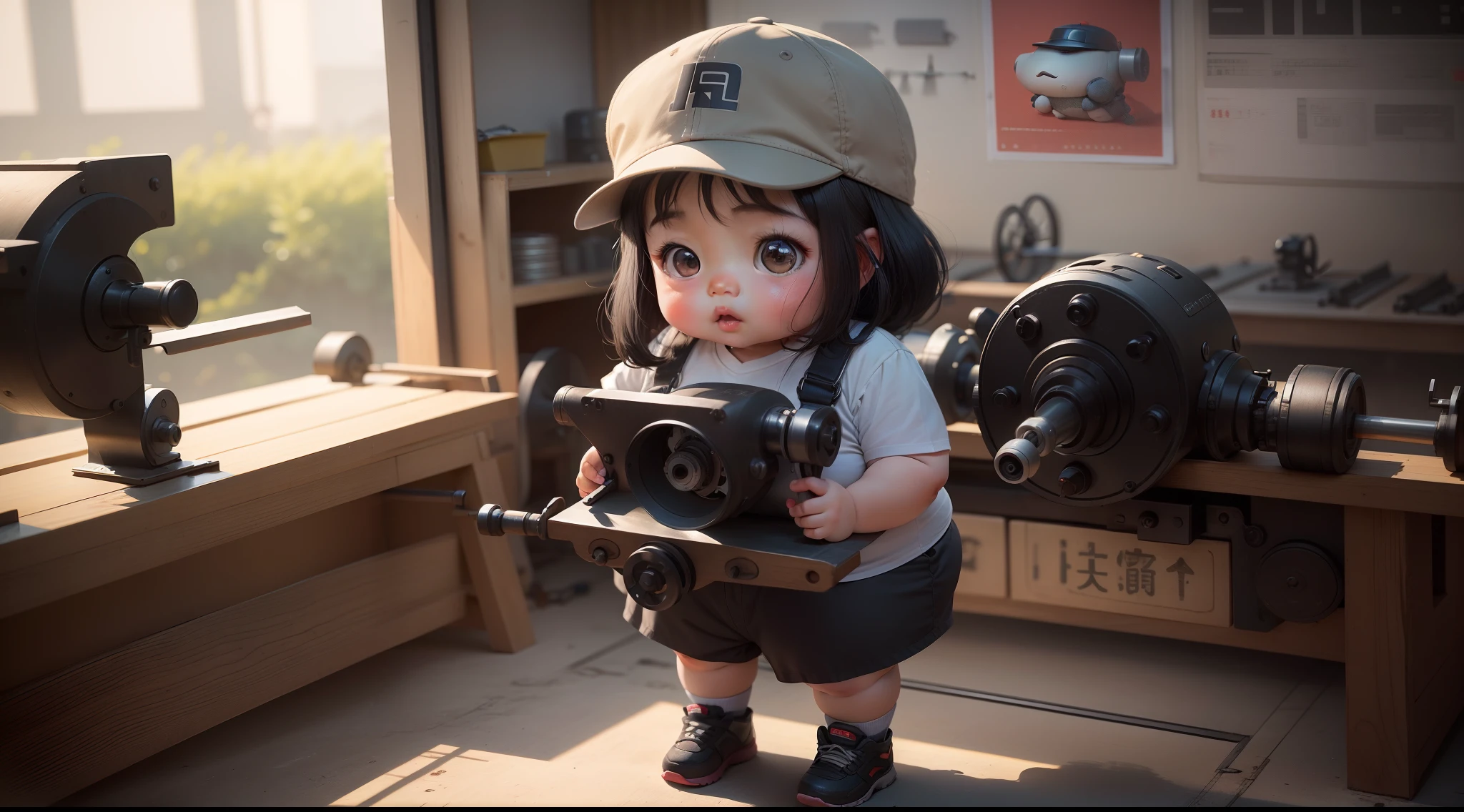 A 3--old ghtly chubby girl in China, Wear a cap,Gray tooling,Gray trousers,Lathe operation,Workshops, Workshops,assembly line,Black hair, adolable, with brown eye,by Pixar, tchibi,frontage,Full body portrait