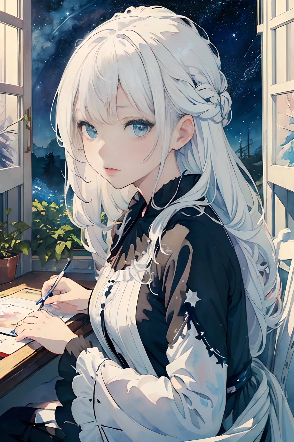 (masterpiece, top quality, best quality,watercolor (medium),official art, beautiful and aesthetic:1.2),(1girl:1.3), (fractal art:1.3), looking at viewer,patterns,(lhalf black and half white hair:1.2), blue eyes, lipstick lipstick, sitting and drawing, with a window, there are many stars in the sky, upper body, from side, ???