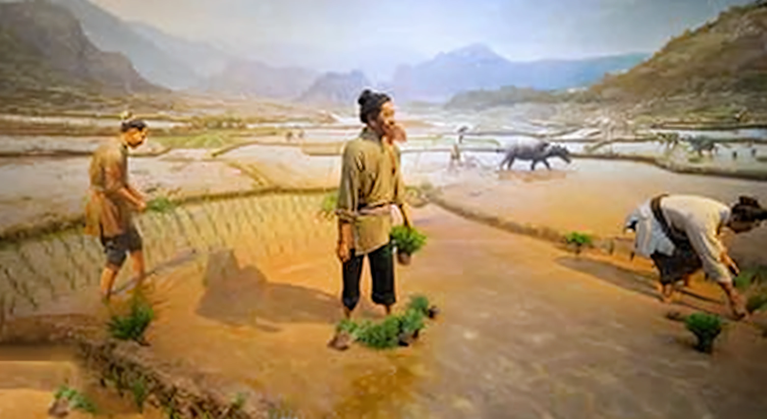 A painting of a group of people working with animals in a field, fine art museum piece, Museum works, museum background, museum picture, museum exhibit, pose 1 of 1 6, inspired by Liu Jun, museum setting, museum artifact, Museum painting, anthropology photo”, bian luan, on display in a museum, do hoang tuong artwork, Chinese landscape, asian art