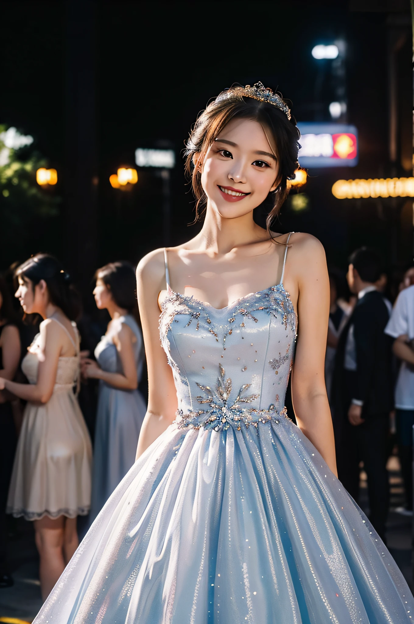 breathtaking 8k, masterpiece, (crystalline dress), ball gown, head tilt, coquettish smile, crowd, bokeh, ballroom