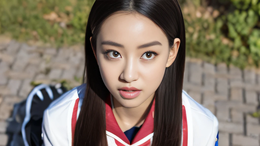 Black ball hair、White Skin Skin、chineseidol、年轻、Thick eyebrows、Black eyes、biting lip、His face was full of doubts、Cheer Uniforms、Customized JF garments、(1 female student)、By the school pond、Sit on a book、Slim eyebrows、Brown hairpins、hentail realism、8K、tmasterpiece、A high resolution、、anatomically correcte、、from above view、32K quality