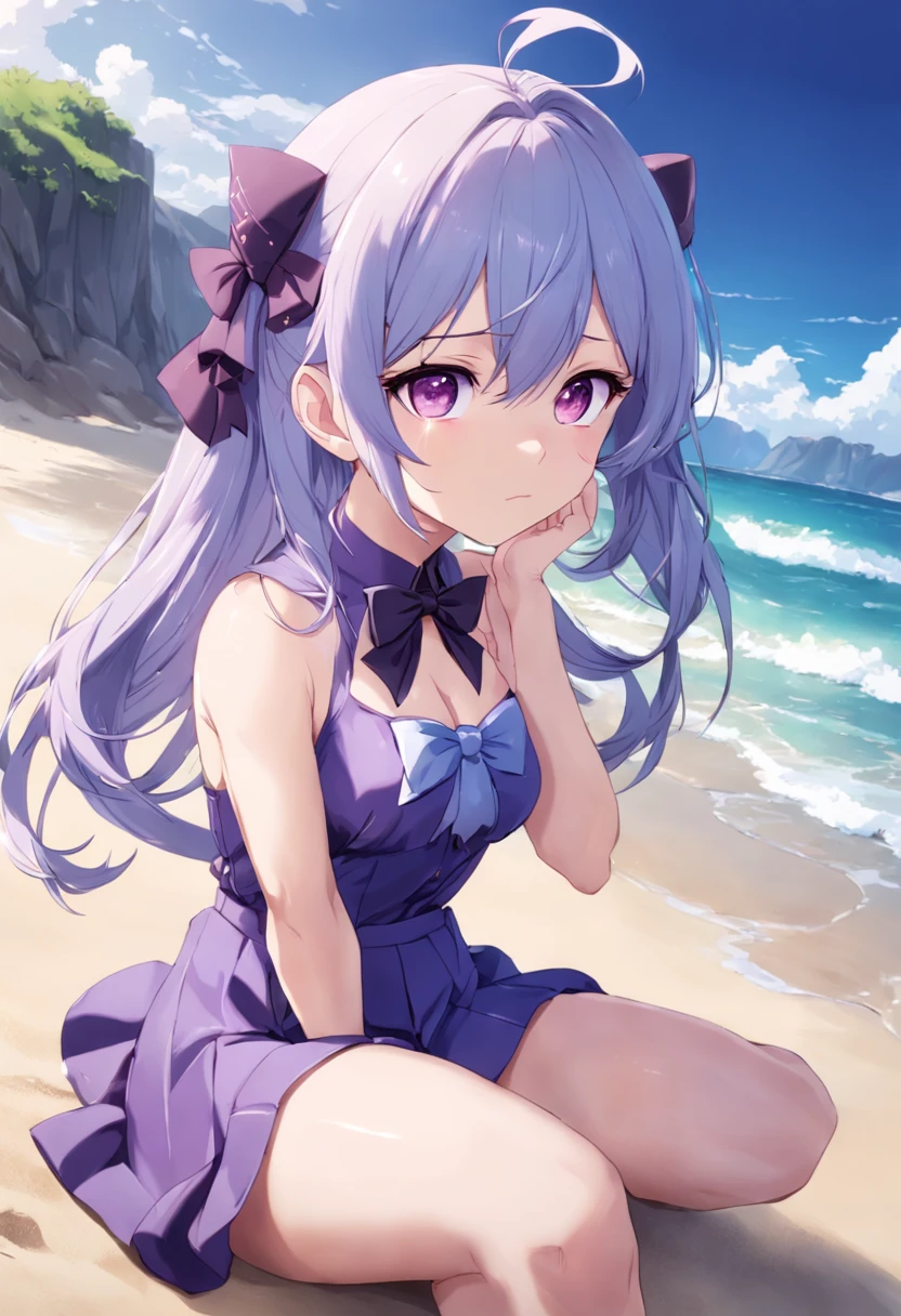 Anime girl sitting on the beach，Wears a purple bow, Guviz-style artwork, seductive anime girls, Guviz, Extremely detailed Artgerm, attractive anime girls, Beautiful anime girl, beautiful and seductive anime woman, IG model | Art germ, beautiful alluring anime teen, Beautiful anime woman, Smooth anime CG art, pretty anime girl