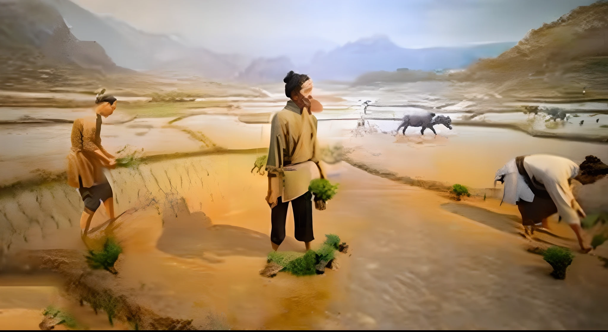 A painting of a group of people working with animals in a field, fine art museum piece, Museum works, museum background, museum picture, museum exhibit, pose 1 of 1 6, inspired by Liu Jun, museum setting, museum artifact, Museum painting, anthropology photo”, bian luan, on display in a museum, do hoang tuong artwork, Chinese landscape, asian art