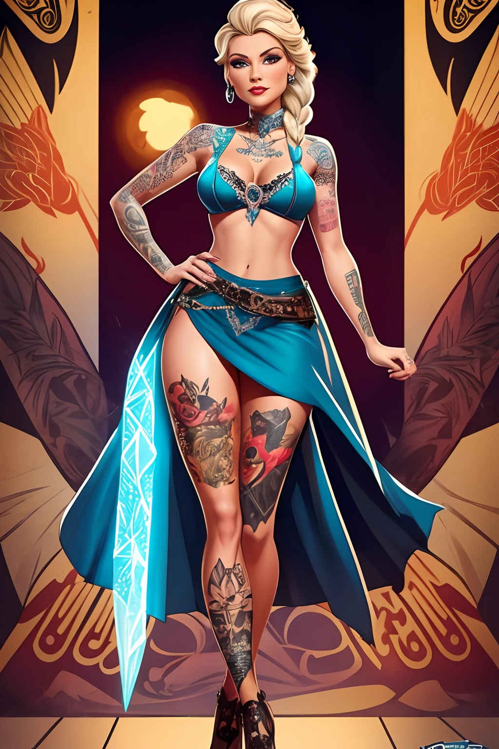 A full-body illustration of Elsa in a rebellious pin-up style, wearing a daring outfit with a mix of classic and modern elements. Her skin is adorned with vibrant tattoos that showcase her rebellious nature. --auto