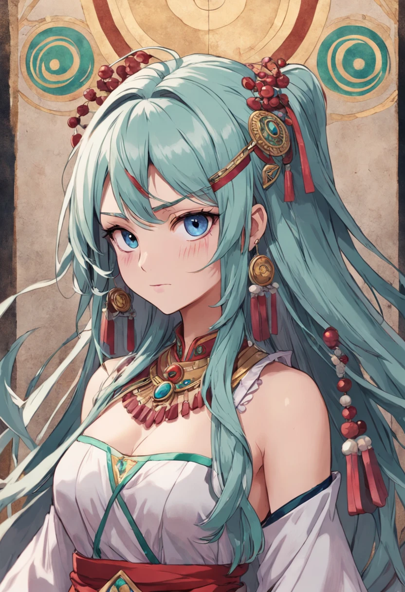 Altura e Estatura: Alta e esbelta, com postura imponente. Exotic hair: Long and lush hair of exotic color, como rosa ou verde. olhos Intensos: Olhos expressivos, possivelmente vermelhos profundos ou dourados. Kuja Dress with Academic Touches: Traditional Kuja costume with academic details, like scrolls tied to the waist. tattoos of Ancient Maps or Symbols: Tatuagens representando mapas, historical symbols or knowledge. Wisdom accessories: Adornments with precious stones or pearls symbolizing the search for knowledge. livro ou Pergaminho: Carrega um livro, pergaminho ou mapa antigo. Curious and Determined expression: Facial expression mixing curiosity and determination. tons da Natureza: Maquiagem suave e natural, maintaining the connection with the nature of the Kuja. 2D ,anime art, one piece, anime 4k