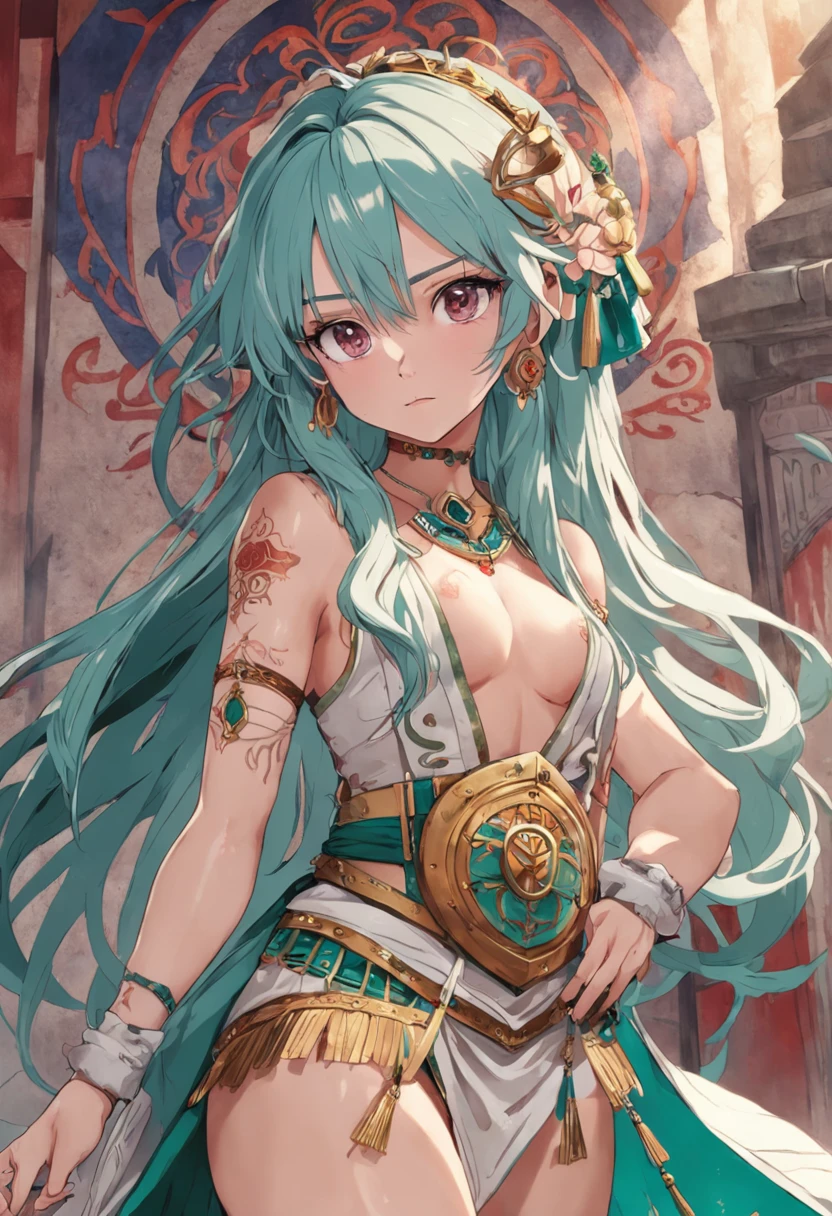 Altura e Estatura: Alta e esbelta, com postura imponente. Exotic hair: Long and lush hair of exotic color, como rosa ou verde. olhos Intensos: Olhos expressivos, possivelmente vermelhos profundos ou dourados. Kuja Dress with Academic Touches: Traditional Kuja costume with academic details, like scrolls tied to the waist. tattoos of Ancient Maps or Symbols: Tatuagens representando mapas, historical symbols or knowledge. Wisdom accessories: Adornments with precious stones or pearls symbolizing the search for knowledge. livro ou Pergaminho: Carrega um livro, pergaminho ou mapa antigo. Curious and Determined expression: Facial expression mixing curiosity and determination. tons da Natureza: Maquiagem suave e natural, maintaining the connection with the nature of the Kuja. 2D ,anime art, one piece, anime 4k