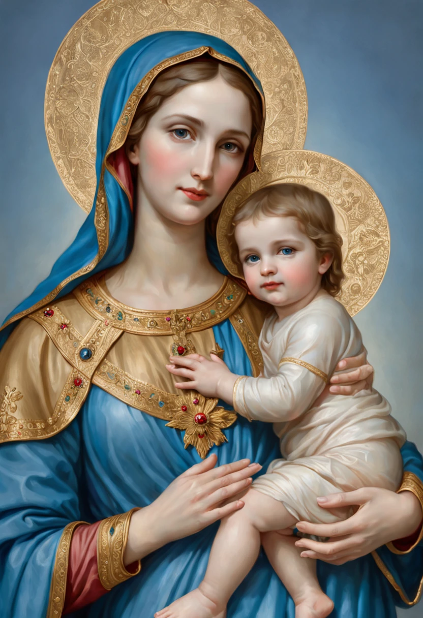 Drawing of a woman holding a  in her arms, Virgin Mary, Toddler with Jesus, Mother, Queen of Heaven, Beautiful Art, painting of beautiful, Beautiful depiction, Portrait of the Virgin Mary, Catholic Religious Art, rosen maiden, Sacred and beautiful, with a blue background, Boregov, guweiz masterpiece, religious art, Christian art, religious painting