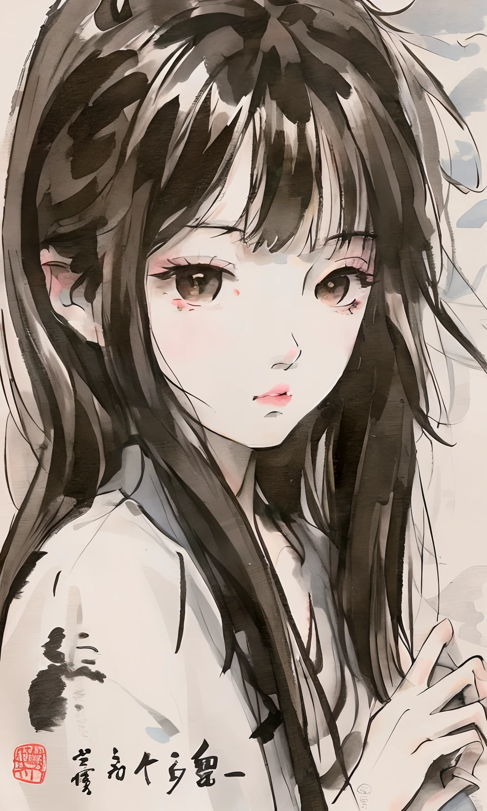 Chinese painting Hanfu ink style girl