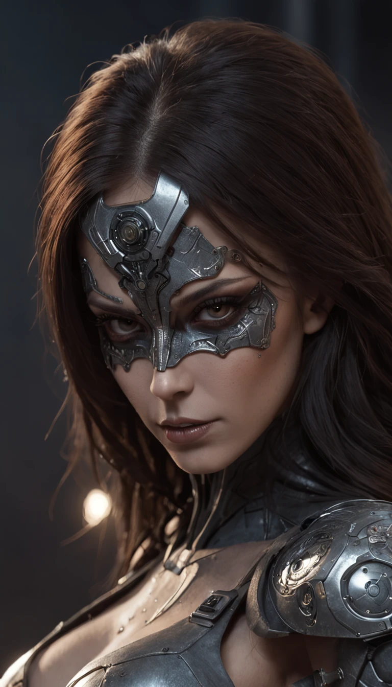 Beautiful cyborg warrior woman in rusty magic style, Aumento Cyberpunk, Cyber Software, ciborgue, fibras de carbono, cromar, Implantes, metal skull, Cyber Plate Armadura, (atmosfera escura:1.2), (nevoeiro & smoke billowing), (It's dark night:1.3), As cicatrizes, (shaggy medium length dark hair:1.1), (sombras para os olhos:1.1), (brilho lindamente detalhado:1.2), (Cinematic lighting), detalhes intrincados, A high resolution, olhos arredondados, detailed facial features, foco nítido, liso, aesthetic, Fundo escuro detalhado da planta industrial, pose estilosa, dynamicposes, (dramapaint)
