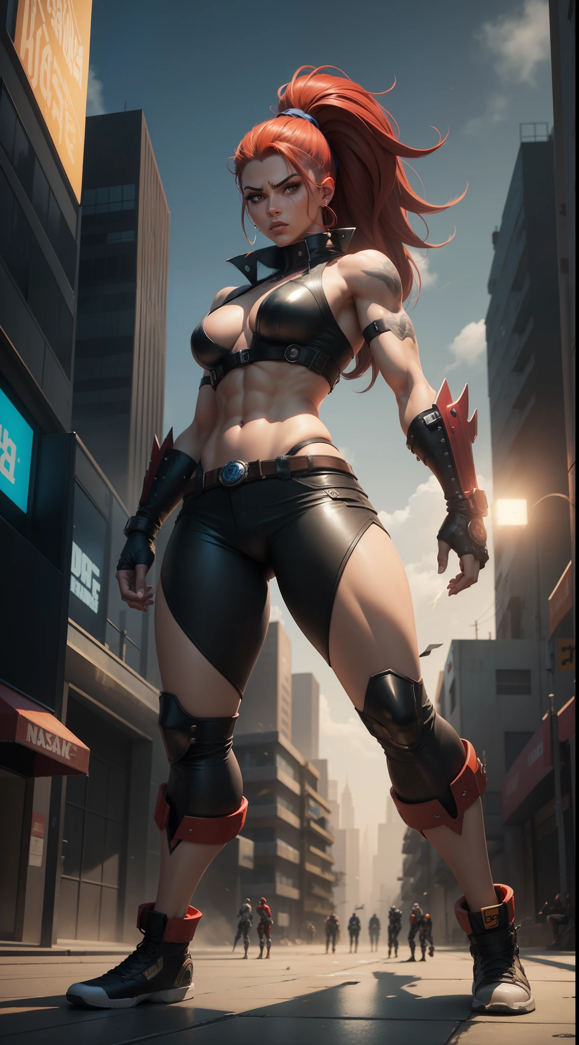 personagem Blaze, rosto super detalhado, perfeito, Street Of Rage style action game, Set in a futuristic city, poses de luta, impactantes, personagens vestindo roupas de luta
