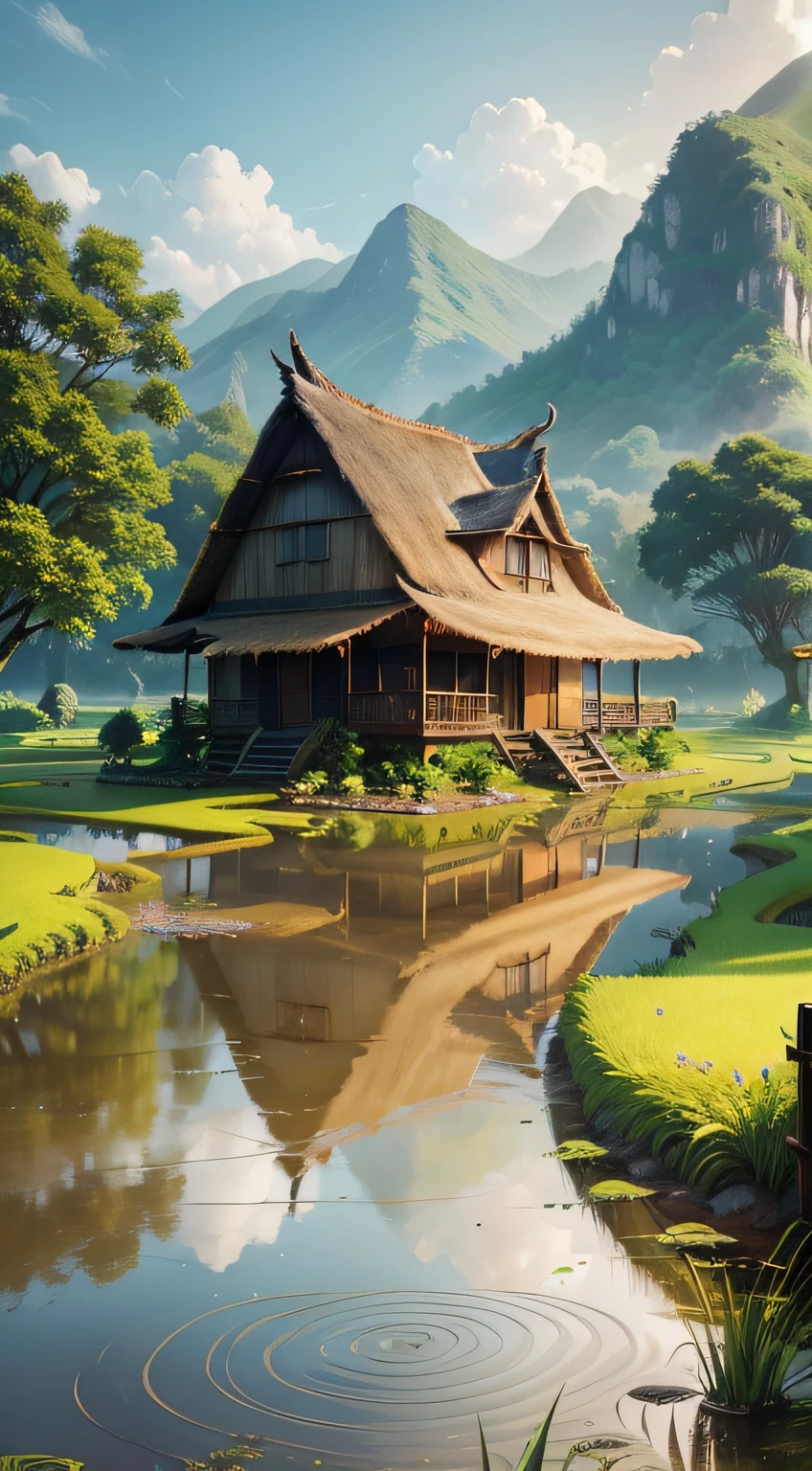 Create an image that captures the serene beauty of a rural village surrounded by lush green rice fields. Depict an old house made of weathered wood, with a thatched roof and a front porch. Show the house nestled amidst the rice fields, with farmers working in the fields or harvesting the golden grains. Enhance the scene with a meandering stream or a calm river flowing nearby, reflecting the vibrant greenery