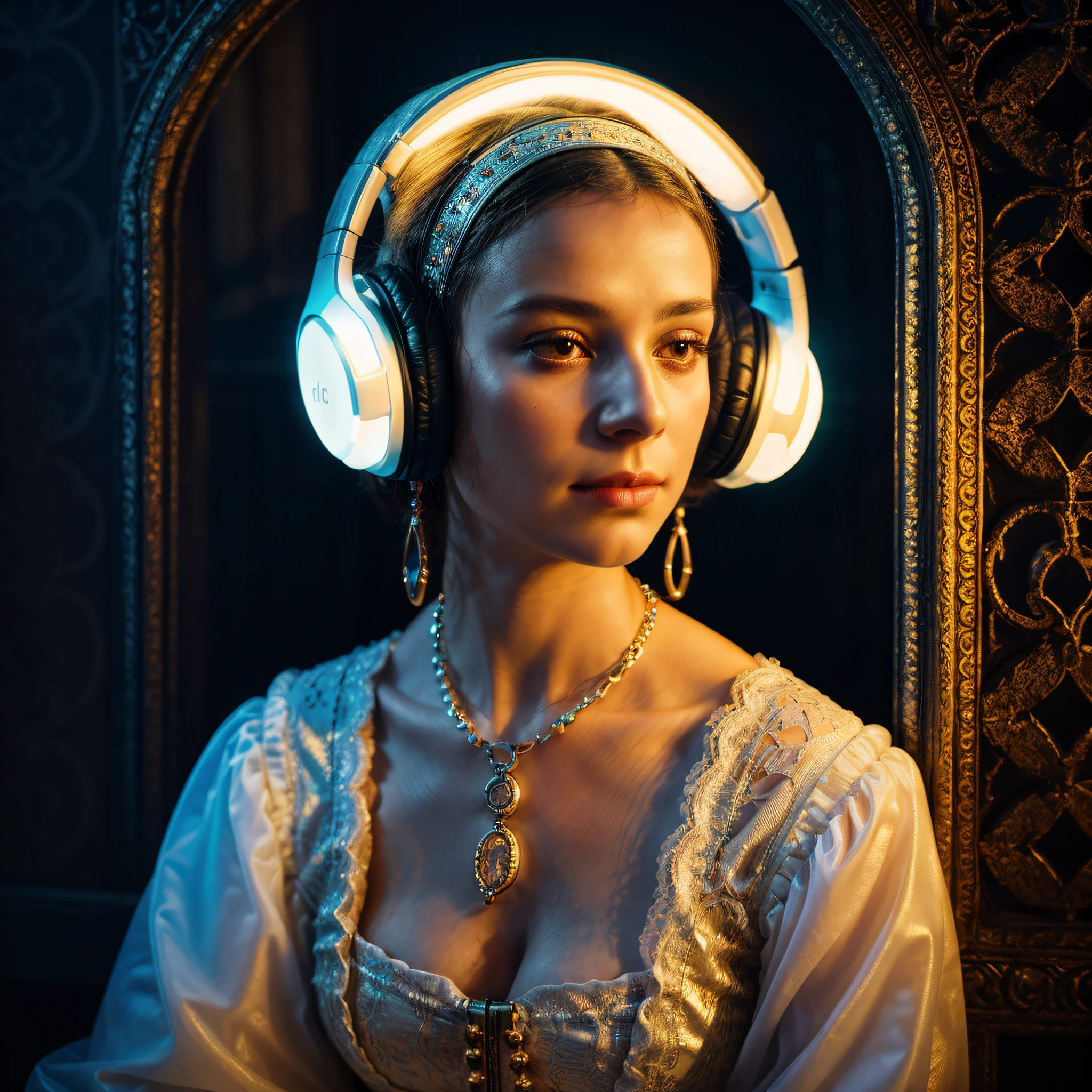there is a woman wearing headphones and a necklace with candles in the background, inspired by Godfried Schalcken, glowwave girl portrait, with head phones, vibrant cinematic lighting, portrait of queen of light, 8 k sensual lighting, audeze, portrait shot, in a high renaissance style, inspired by Hans Holbein the Elder, perfect rembrandt lighting