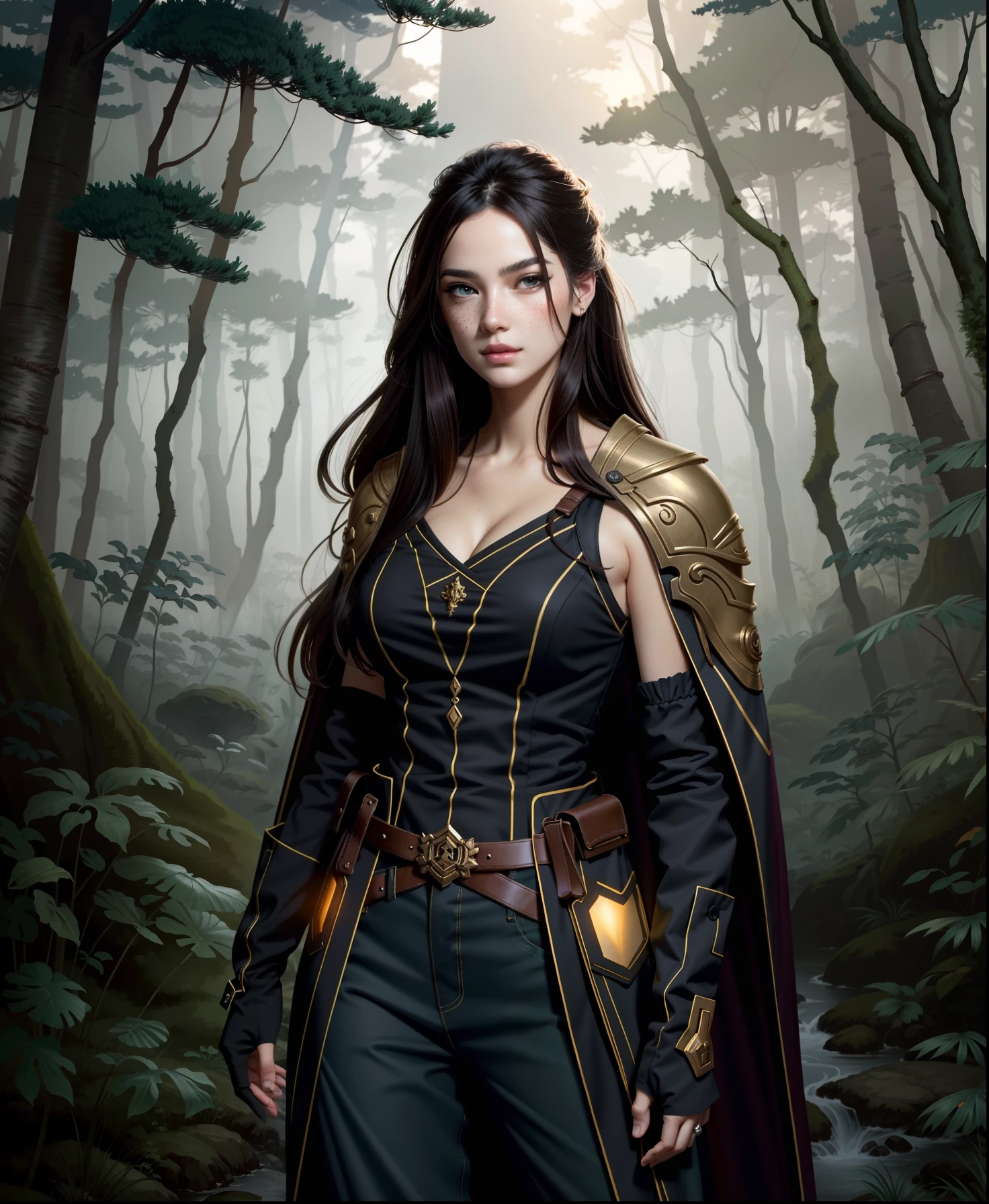 woman with very long hair, artwork in the style of guweiz, beautiful character painting, gorgeous digital painting, in style of wlop, digital character painting, digital painting concept art, the style of wlop, guweiz, realistic character concept art, ultra realistic concept art, stunning character art, low detailed. digital painting, white to, baggy wrinkled pants, brown winked cloth gloves, freckles, inky background, dark magical forest, glowing trees, glowworms, pretnant