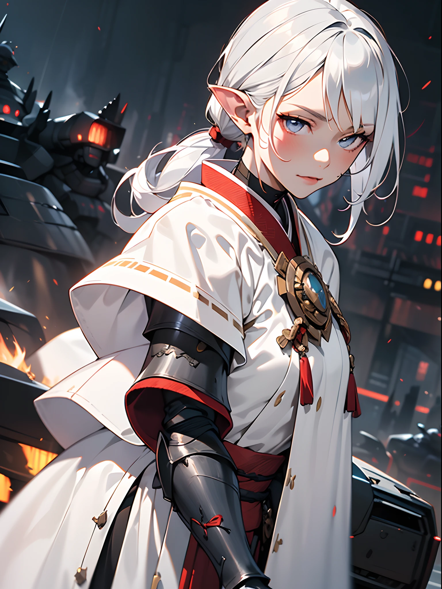 ((jpn)),((Best Quality)),((Beautifully painted)),((hight resolution)),1girl in,Beautiful Elven Daughter,((onmyouji)),((suikan)),((White cloak with red decoration)),Bushy silver-haired ponytail,Shining eyes,(((black cyber gauntlet and glove))),nice hand, Perfect hands,((((Armored vehicles)))),((Streets of a burning metropolis)),armor,(face forcus),(((motion blur))),(((dynamic angle))),((cinematic lighting))