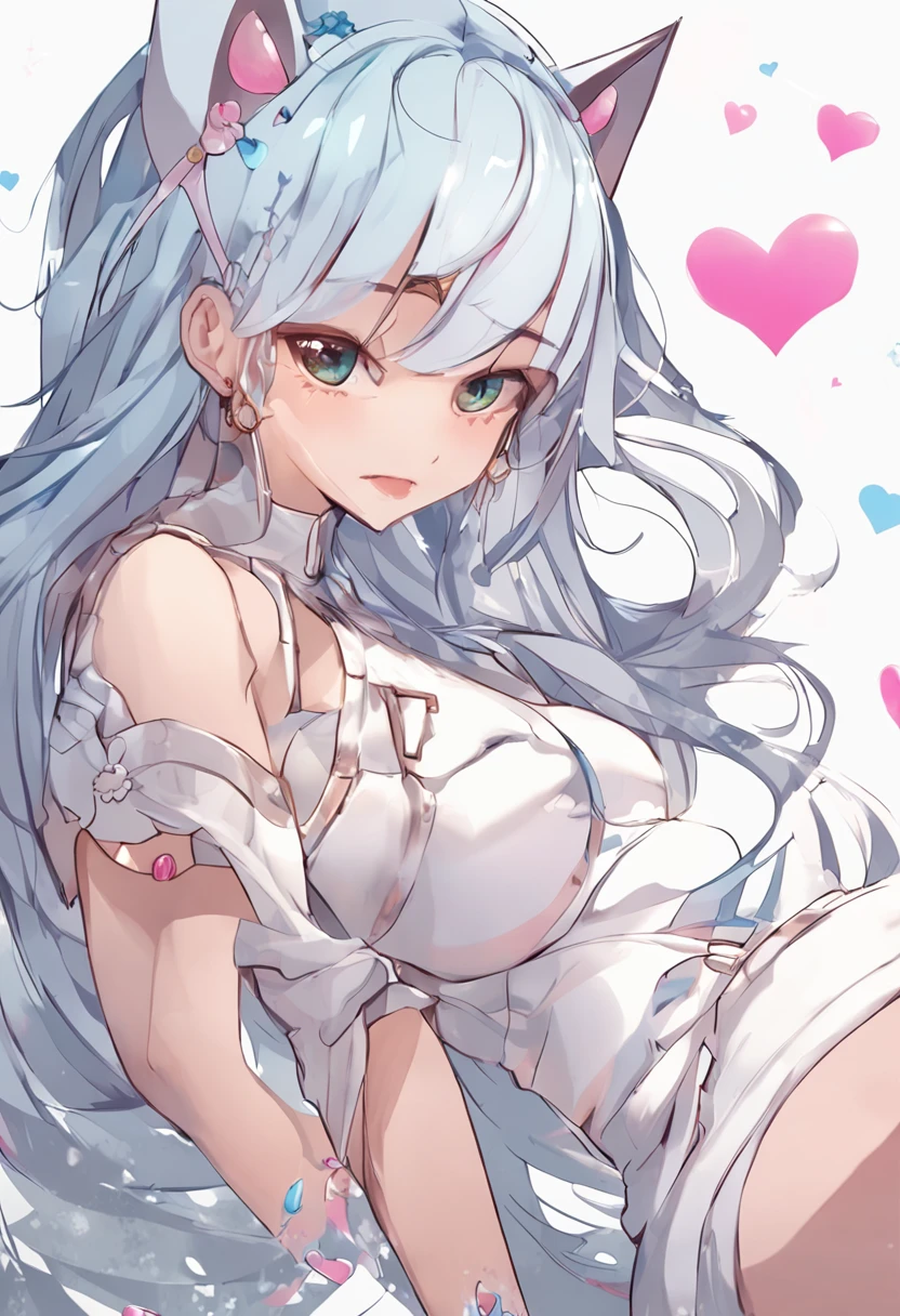 1girll,full bodyesbian,long eyelasher, Silver hair, Light blue hair, Gradient hair, hair pin, Hairpin, hair adornments, Heart-shaped pupils, Pink eyes, Cat ears, Light smile, Shy, Blush, hearts in eyes, anime big breast, Anime style, 8K, Super detail, Best quality, hyper HD, Masterpiece, High details, High quality, Best quality