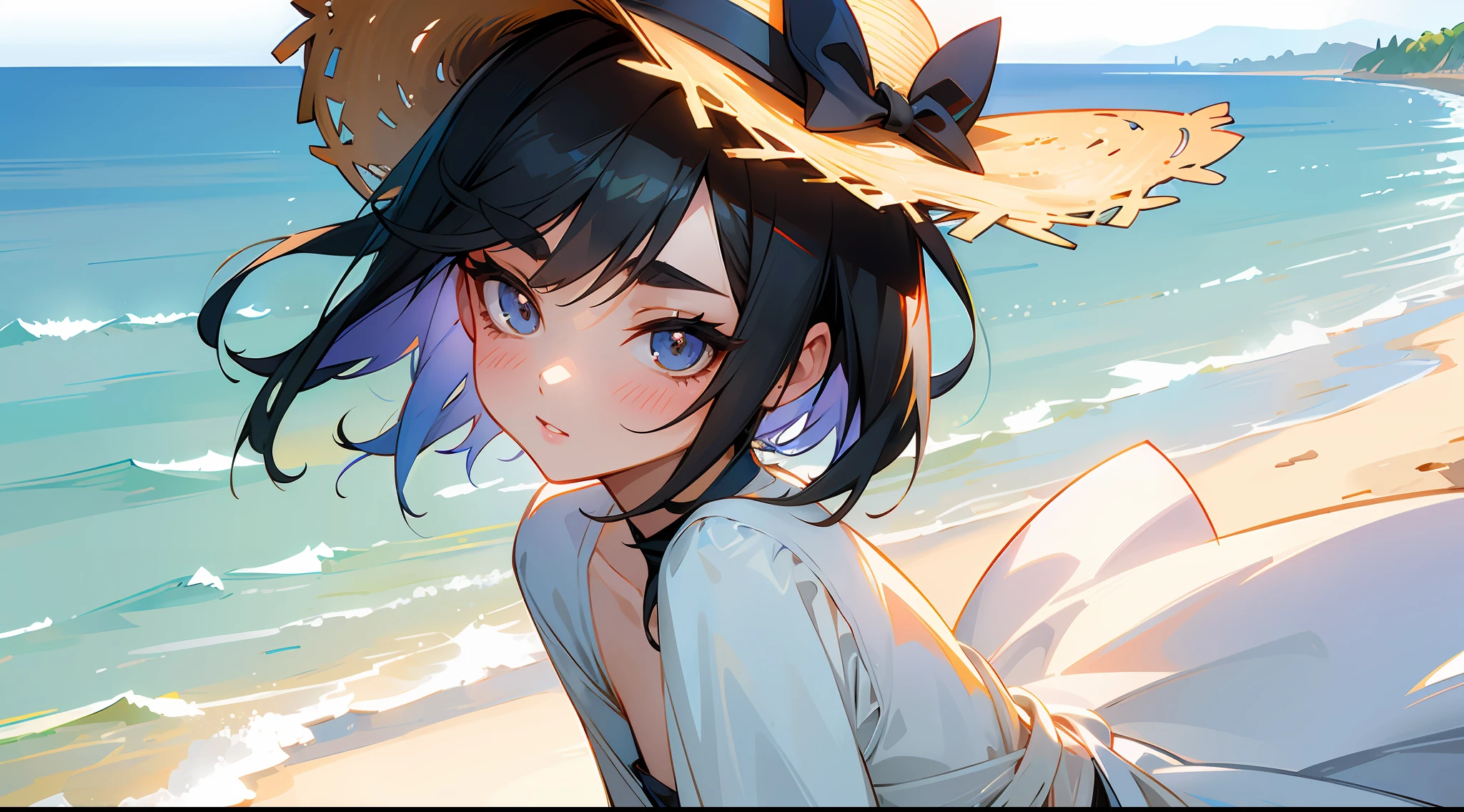 masterpiece, best quality, ultra-detailed, kawaii, cute, lovely, ero, extremely detailed, 4K, 8K, best quality, beautiful, ocean, a cute girl, 1girl, solo, skirt00, beautiful eyes, short hair, flat breast, tiny breast, wetted by water