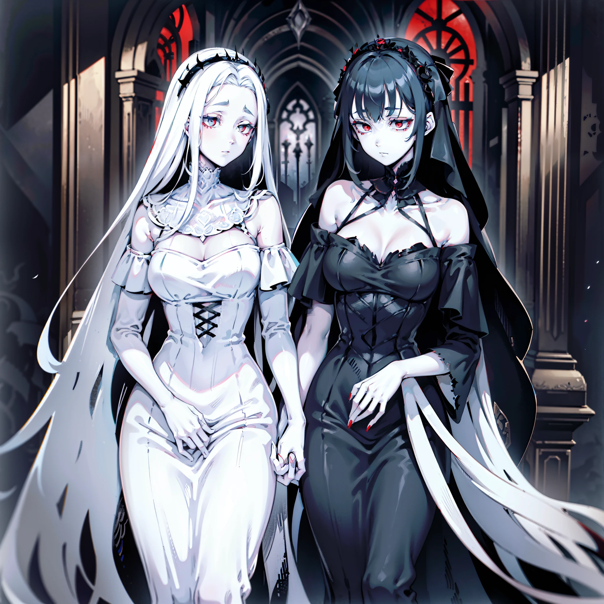 ugliness. Neo-Gothic. glomy. inkpunk minimalism. Tim Burton. Corpse Bride.white wedding gown,white dresses,Red eyes,Pale skin,Black color hair,In the dark,Dark environment,Plenty of tombstones,In the cemetery,White flowers,The body is covered with sutures