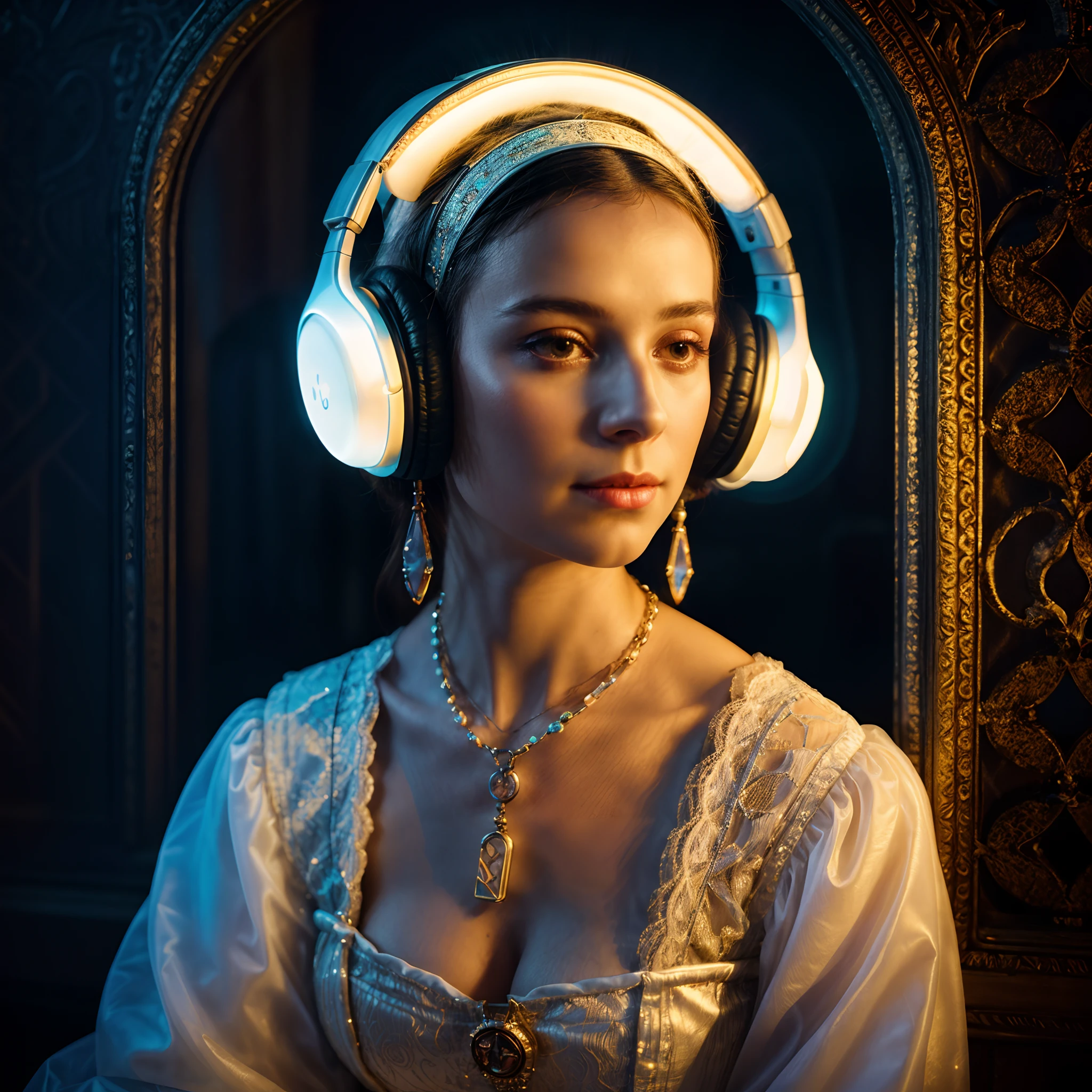there is a woman wearing headphones and a necklace with candles in the background, inspired by Godfried Schalcken, glowwave girl portrait, with head phones, vibrant cinematic lighting, portrait of queen of light, 8 k sensual lighting, audeze, portrait shot, in a high renaissance style, inspired by Hans Holbein the Elder, perfect rembrandt lighting