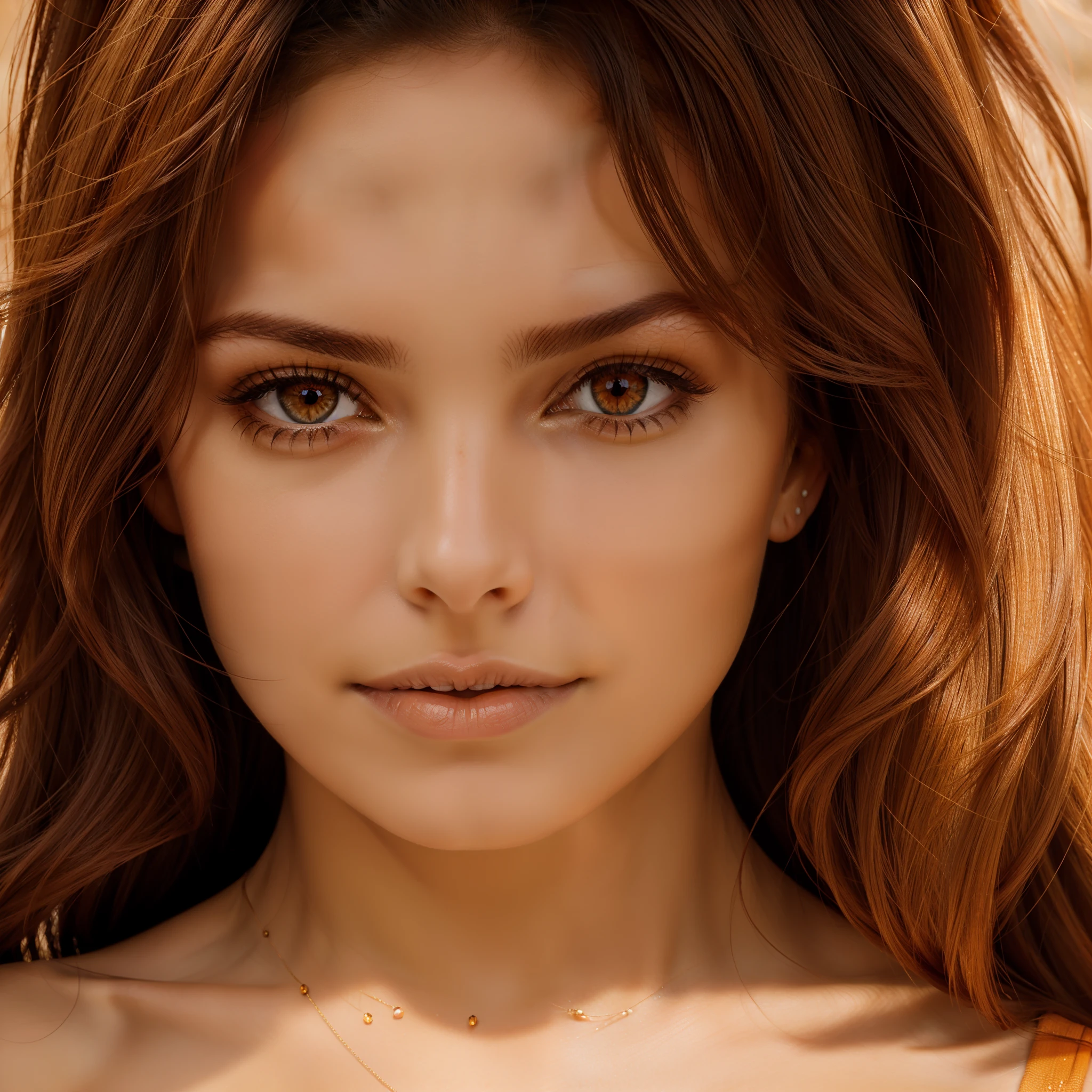 Stunningly beautiful woman, symmetrical, close up photo, 80mm lens, amber orange coloured eyes, clear complexion,