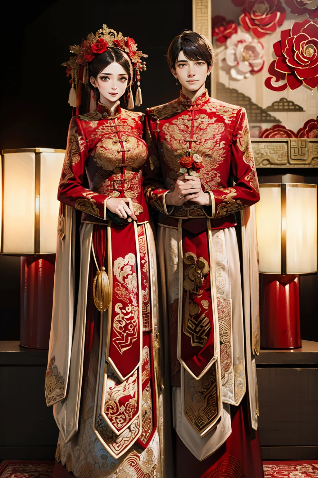 Husband and wife，Wedding scene，half-body portrait，Weddings，Boys carry girls on their backs，ornate garment，Chinese elements，macro photography，The boy has a big red flower on his chest，The girl wears a red hood wedding scene，Husband and wife，