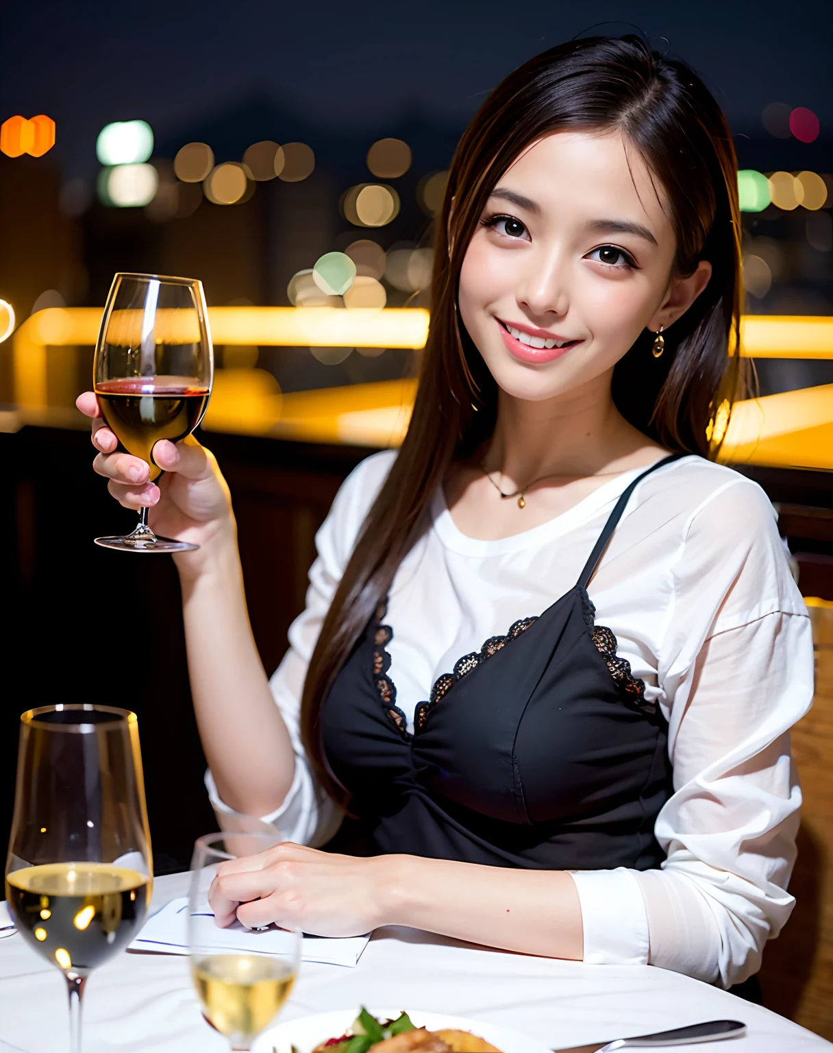 A 20-year-old woman with a very cute face like a 15-year-old idol　Smiling Kindly　(((Whole body)))　(((Full body portrait)))　No sleeve　Medium Bust　Cleavage　Stylish evening wine bar　Cinema lighting　Natural light　Artistic　High level of artistry　RAW Photos　Genuine　High quality that is indistinguishable from real life　Real Stick　High resolution