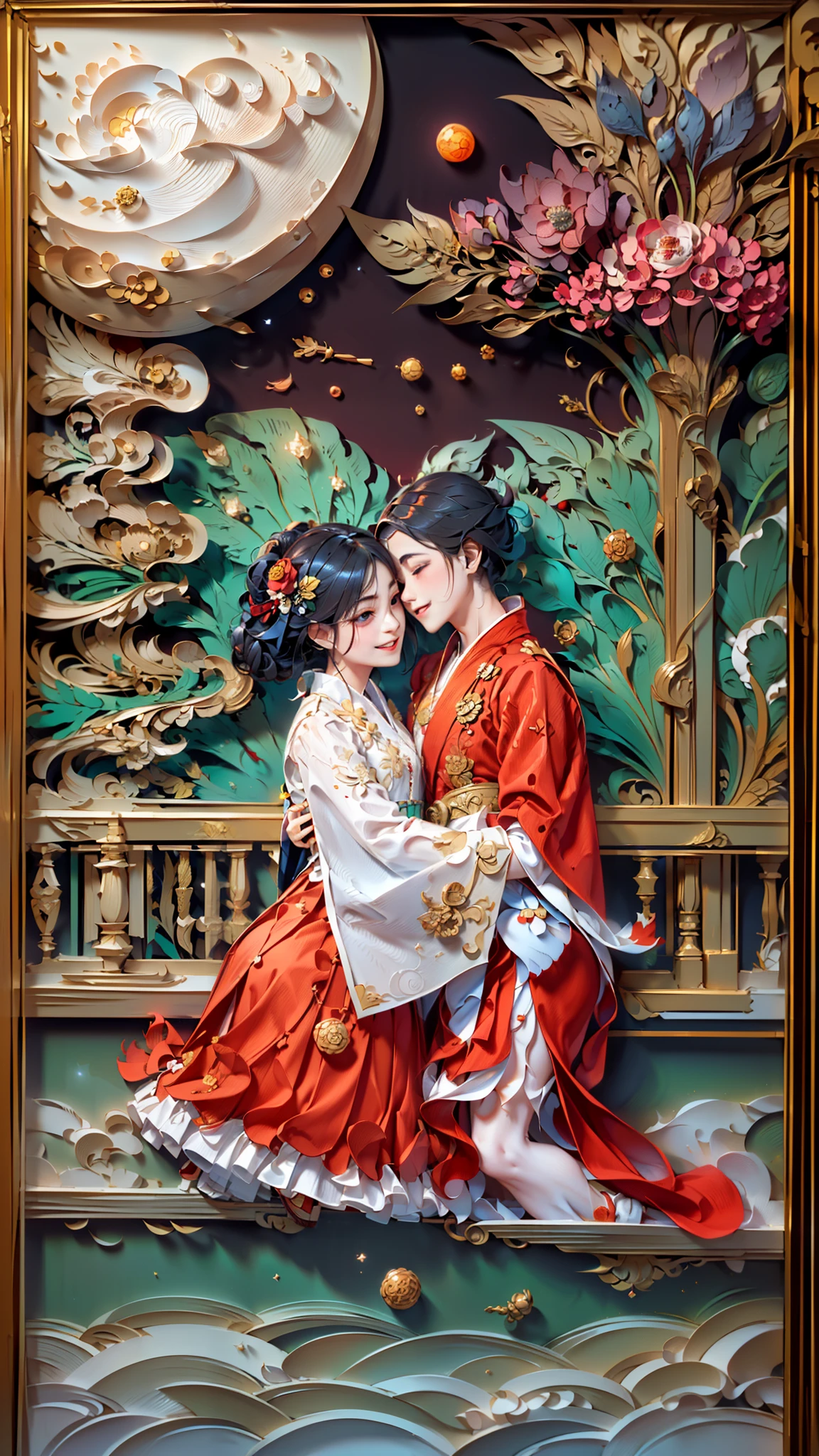 Red background,1 moon，(A hanfu couple hugging on a bridge:1.4, smile)，rosette，(illustration:1.3，paper art:1.3, Quilted paper art:1.2, extremelybold outline),( reasonable design, Clear lines, High sharpness,best quality, Very detailed, masterpiece, movie lighting effects, 4K )