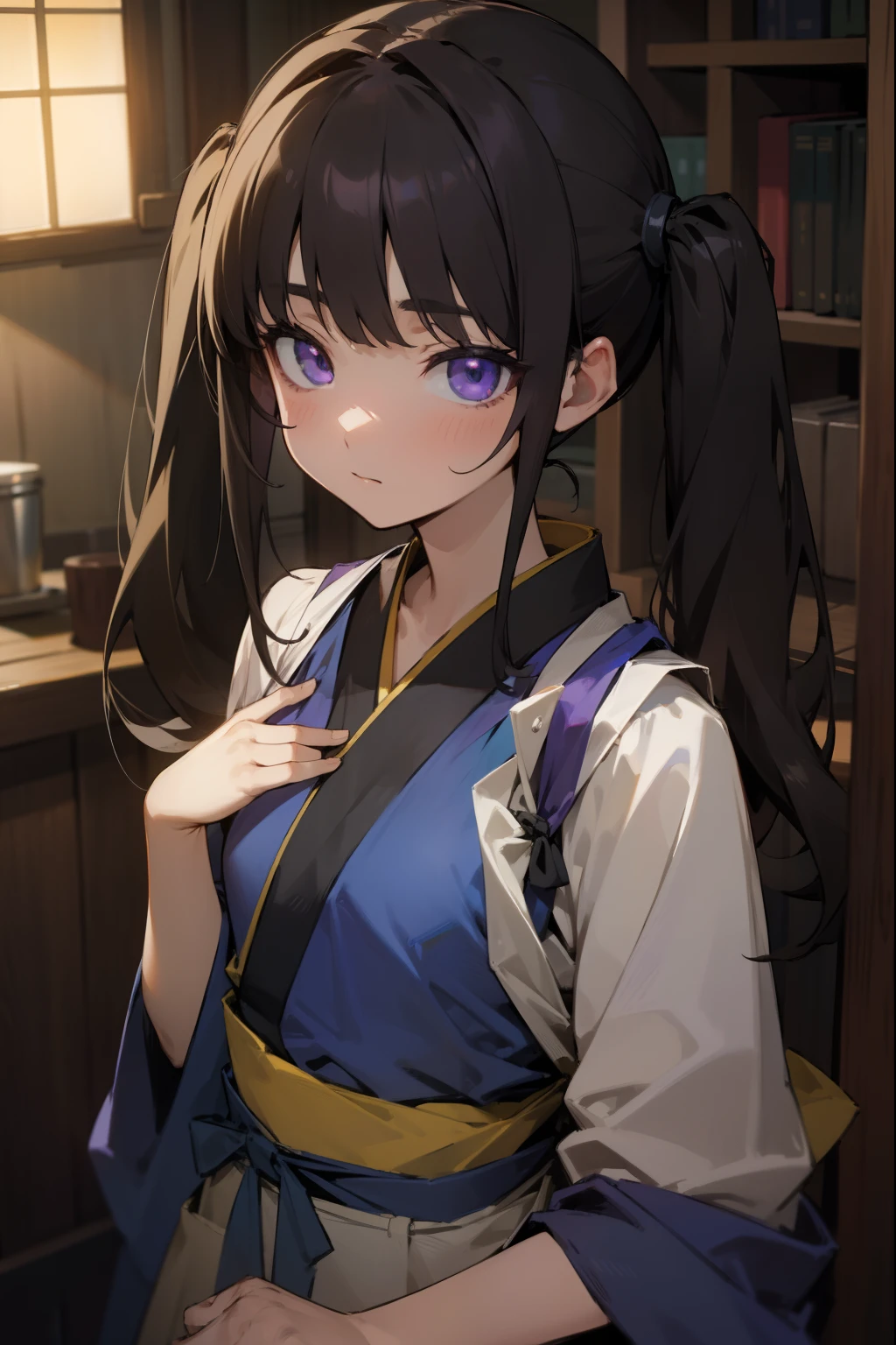 takinainoue, inoue takina, long hair, bangs, black hair, twintails, (purple eyes:1.2), (small breast:1.2), BREAK japanese clothes, kimono, apron, waist apron, blue kimono, waitress, BREAK indoors, BREAK (masterpiece:1.2), best quality, high resolution, unity 8k wallpaper, (illustration:0.8), (beautiful detailed eyes:1.6), extremely detailed face, perfect lighting, extremely detailed CG, (perfect hands, perfect anatomy),